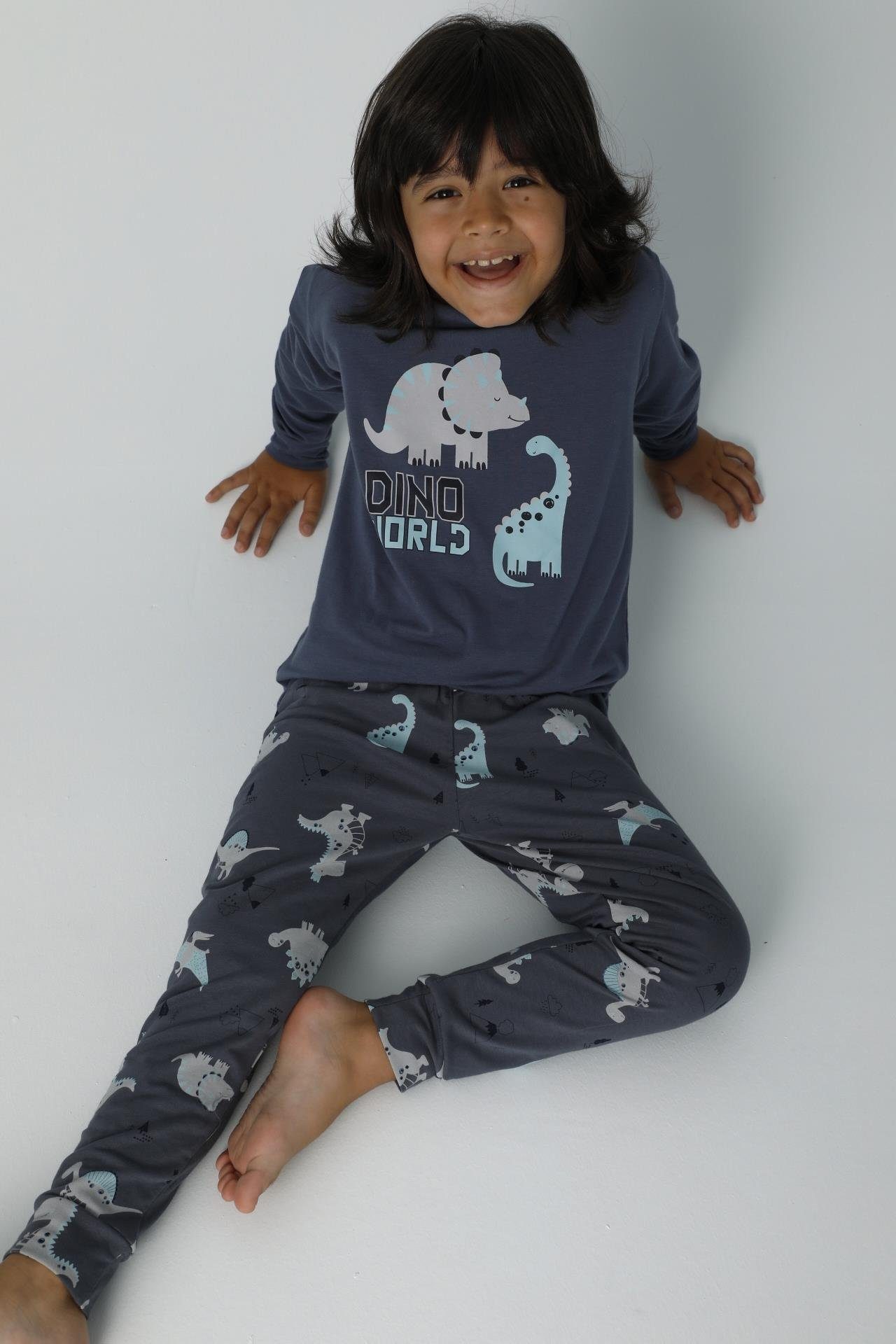 (Set, Dunkelblau Pyjama LOREZA Baumwolle Schlafanzug 2 Jungen Langarm Dinosaurier tlg) zweiteiliger