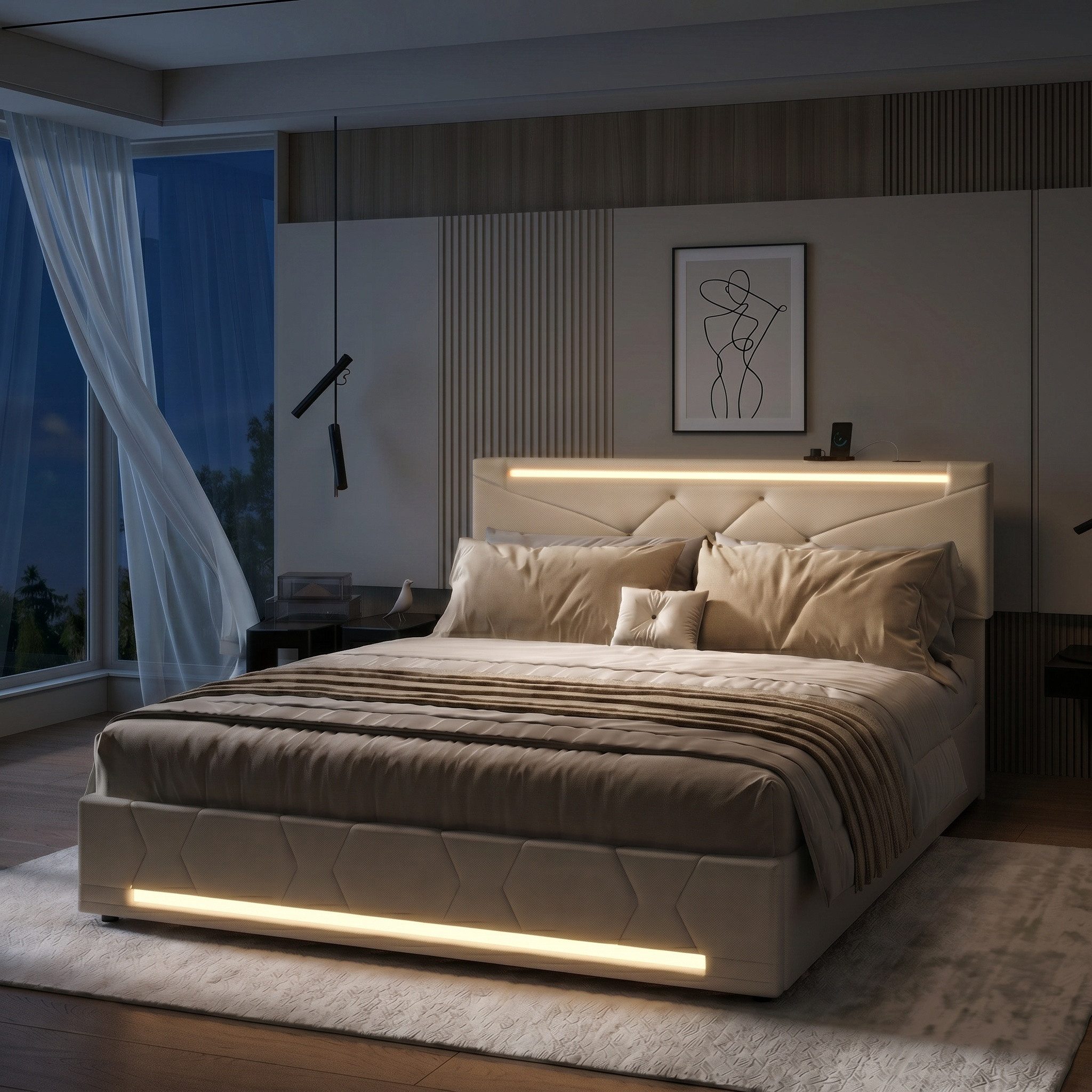 Polsterbett Jugendbett Doppelbett Stauraumbett mit LED