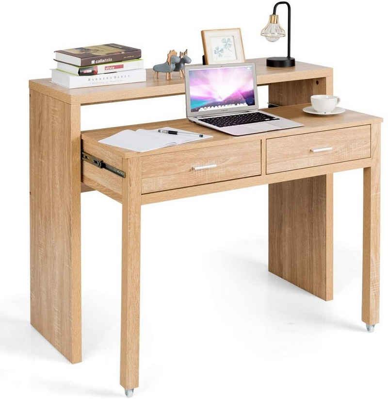 COSTWAY Schreibtisch »Computertisch Konsolentisch, Bürotisch«, mit 2 Schubladen, ausziehbar mit Schiene und Rädern, Natur