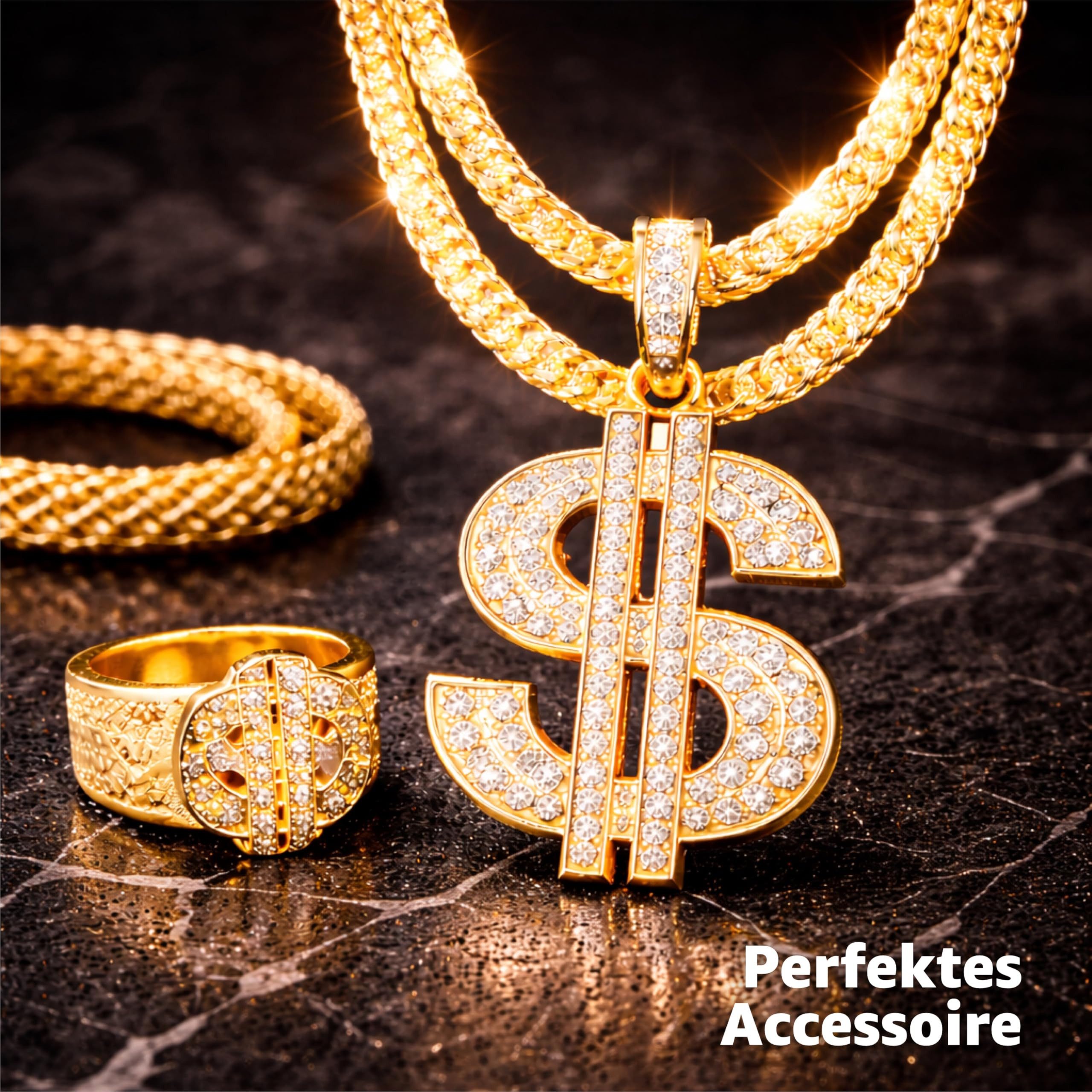 Kostümheld® Kostüm 4 in 1 Vokuhila Set mit Ring, Perücke, Goldkette, Brille - Fasching, unisex