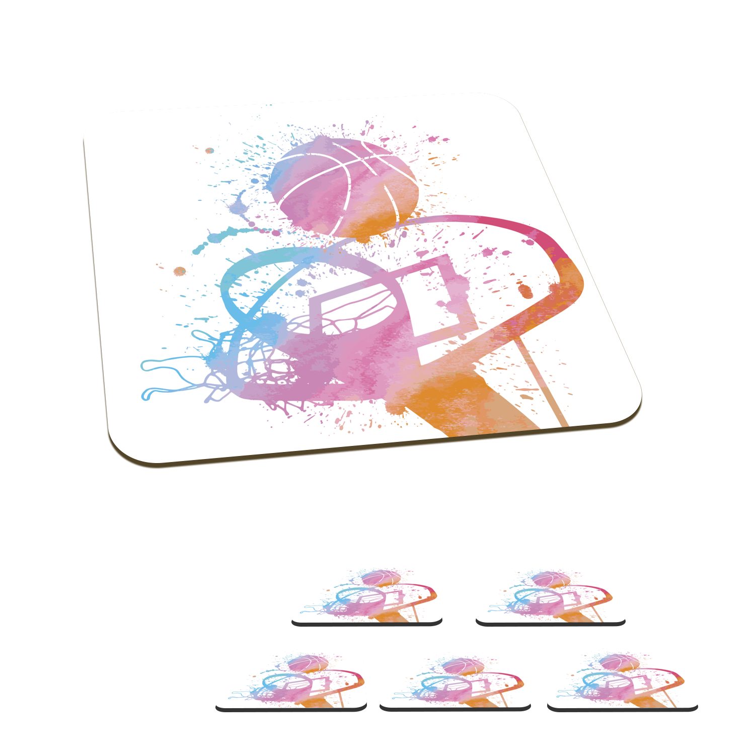 MuchoWow Glasuntersetzer Aquarellierte Illustration eines Basketballs mit Korb, Zubehör für Gläser, 6-tlg., Glasuntersetzer, Tischuntersetzer, Korkuntersetzer, Untersetzer, Tasse