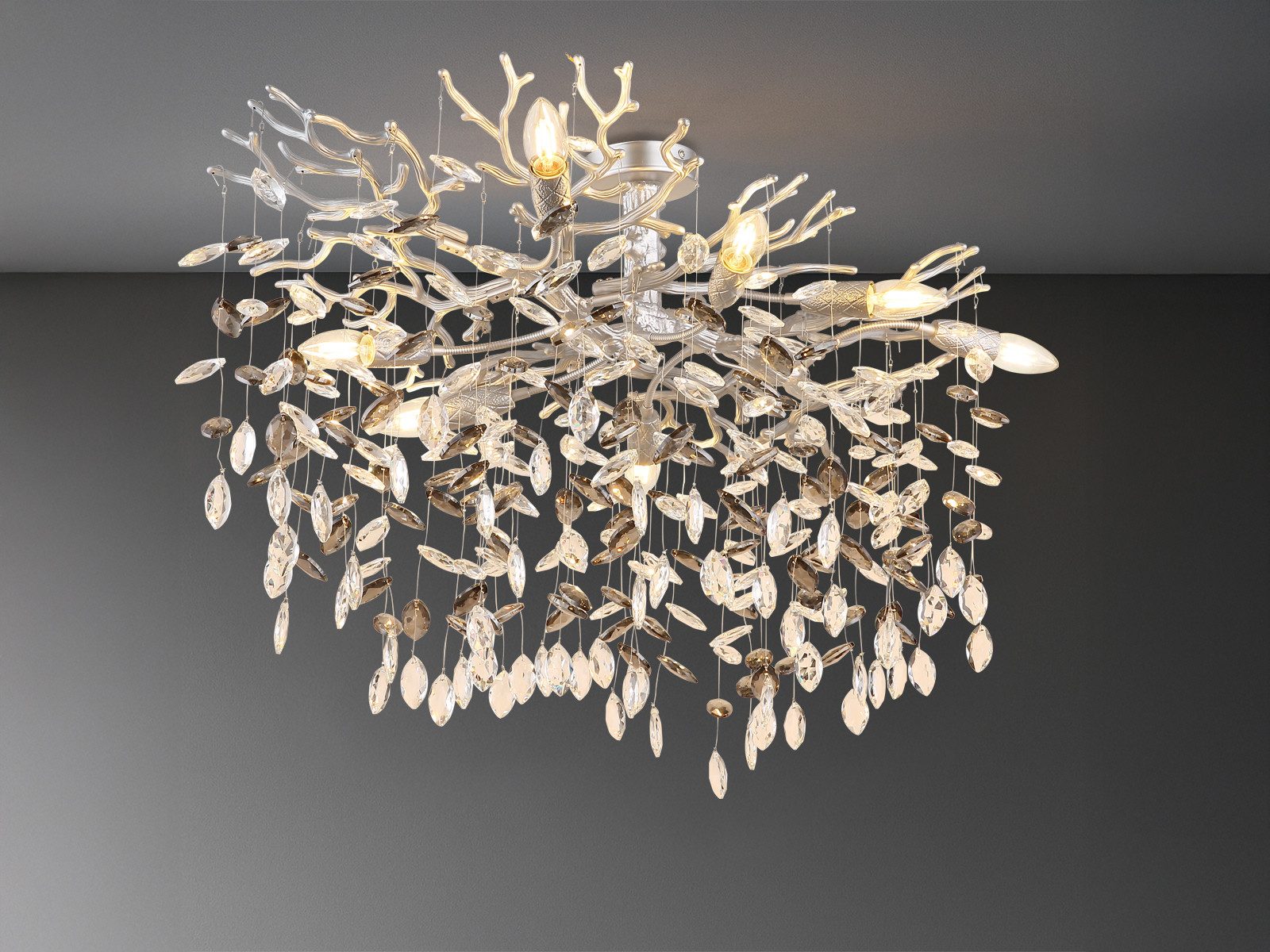 GLOBO LIGHTING LED Deckenleuchte mit Kristall 2-farbig, Breite 85cm, Dimmfunktion, LED wechselbar, Warmweiß, ausgefallene extravagante große Deckenlampe in Zweigoptik, mehrflammig