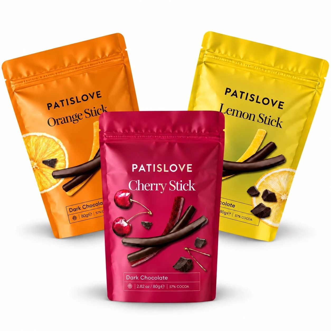 PATISLOVE Schokolade Probierset Fruchtsticks in Zartbitterschokolade, 3 Sorten, 240 g, (Geschenkset, Kirsche, Orange, Zitrone), mit Schweizer Schokolade, mind. 57 % Kakao, ohne künstliche Farbstoffe