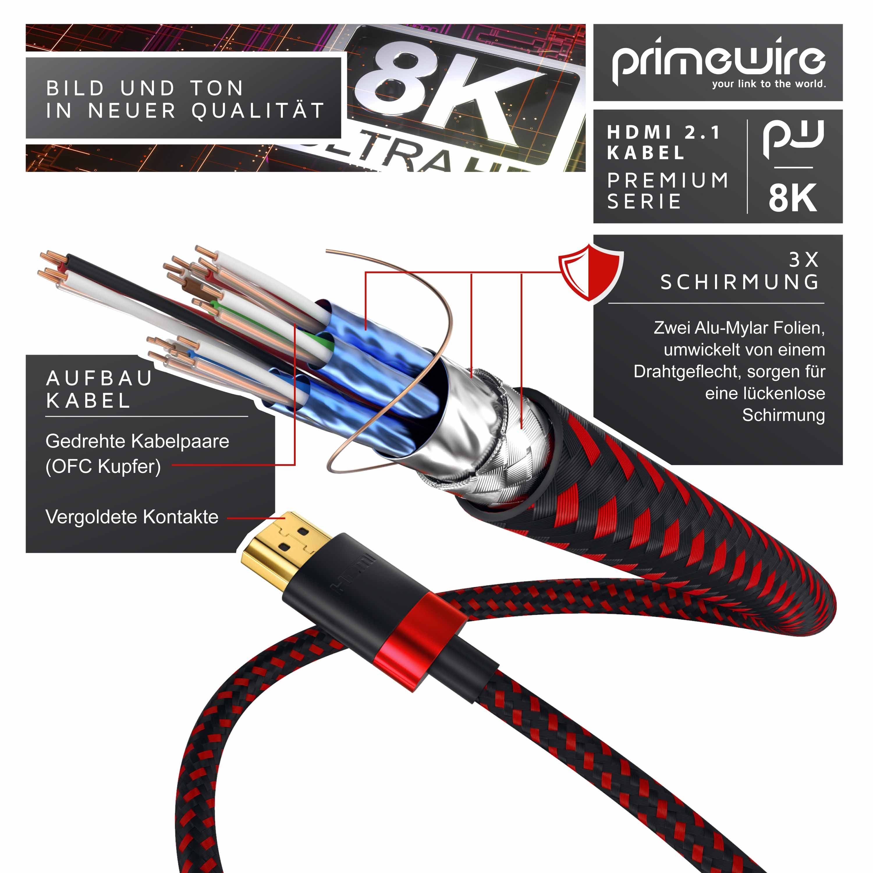 Primewire 8K @ 120Hz / 4K @ 240Hz DSC, Ultra High Speed, Nylonummantelung, 3m HDMI-Kabel, 2.1, HDMI Typ A (300 cm), 48 Gbit/s Bandbreite, eARC, CEC, HDCP, für G – Bild 2 von 5