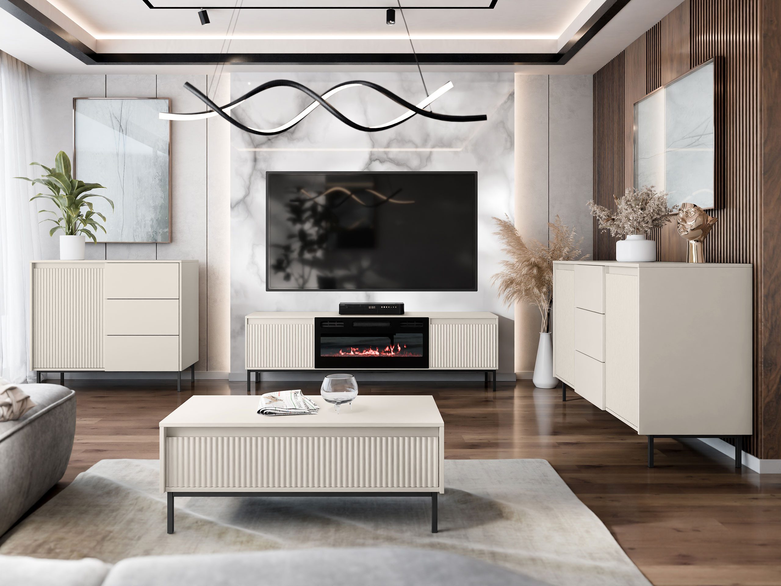 MIRJAN24 Wohnzimmer-Set Ozmi III, (2x Kommode, TV-Lowboard mit Kamin, Couch günstig online kaufen