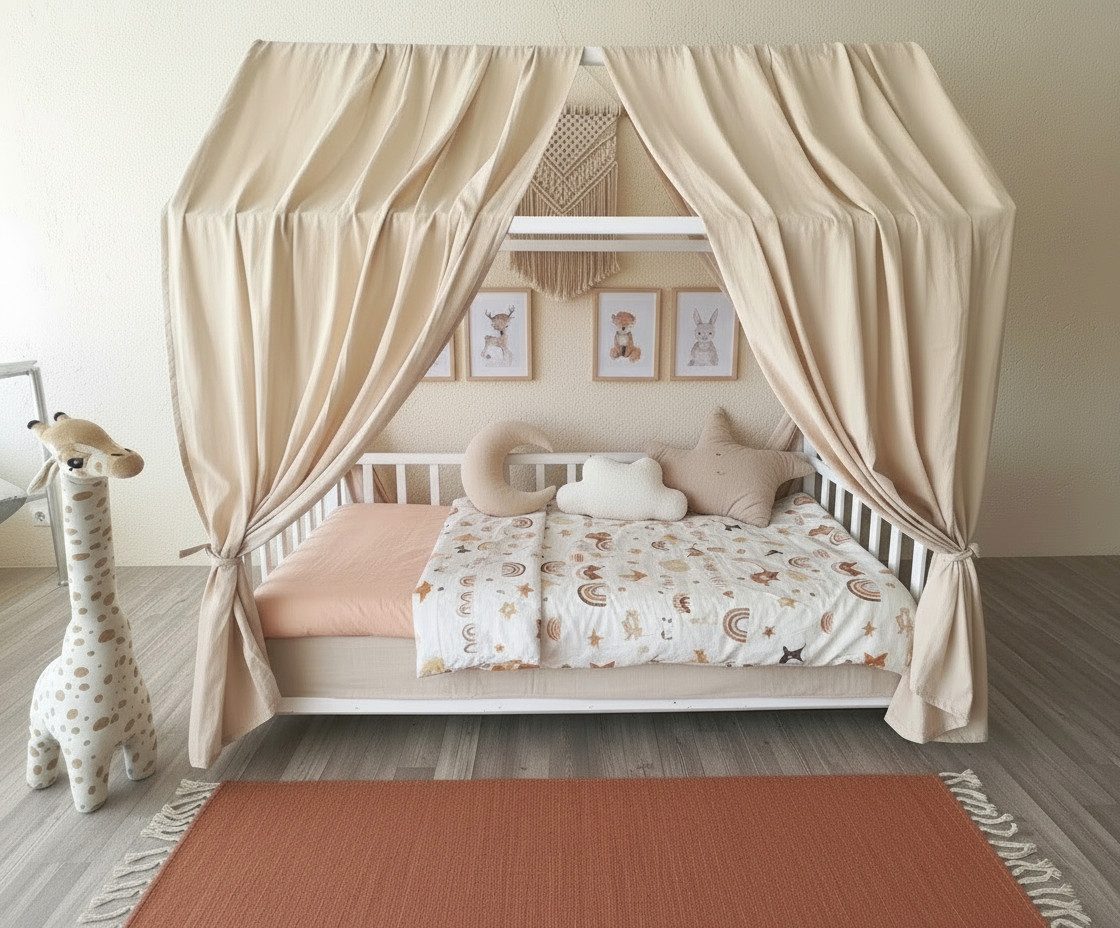 Baby Fancyroom Betthimmel Betthimmel beige Musselin Hausbett Kinderbett 320cm 360cm Montessori (2-tlg. Set mit Schlaufen, Baldachin, Kinder Betthimmel Baldachin Himmel Deko Set), Betthimmel für Hausbett Montessori