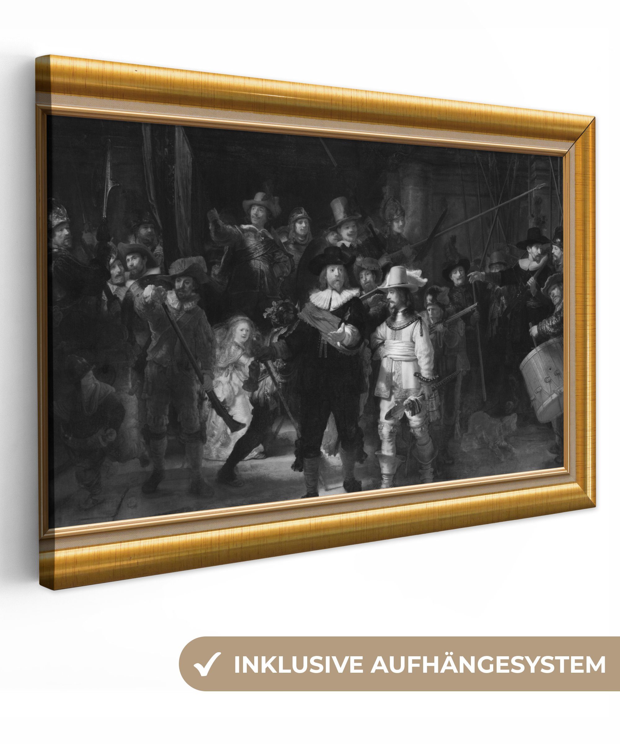 OneMillionCanvasses® Leinwandbild Nachtwache - Van Rijn - Liste - Gold, (1 St), Wandbild Leinwandbilder, Aufhängefertig, Wanddeko, 30x20 cm