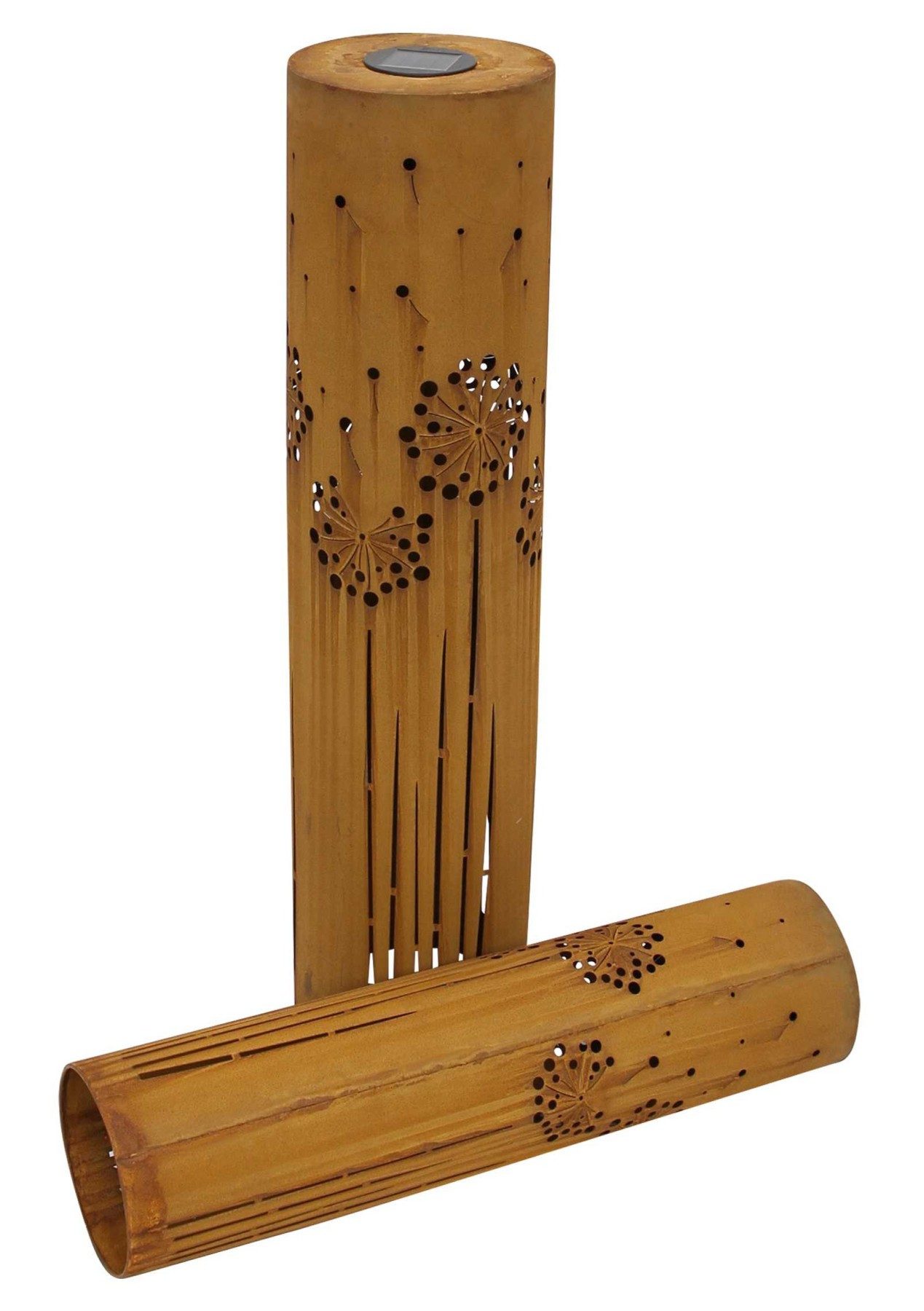 Dekoleidenschaft Dekosäule "Pusteblume" Solar LED Leuchtdeko, Metall, Echt Rost, 60 + 80 cm hoch (2 St., im Set), Rostsäule, Leuchtdeko, Gartendeko für Draußen, Solarleuchte
