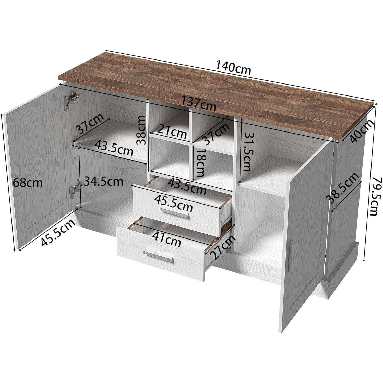 LuxusKollektion Sideboard Kommode Sideboard 4 Regale 2 Schubladen Holzplatte style-B Weiß