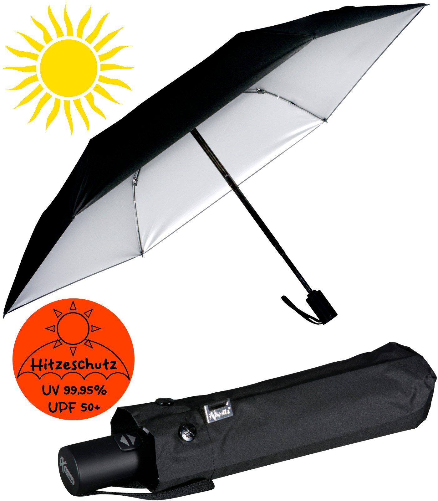 iX-brella Taschenregenschirm Sonnen-Regenschirm mit UPF 50+, UV-Hitze-Schutz, für Damen, mit Auf-Zu-Automatik, innen silber