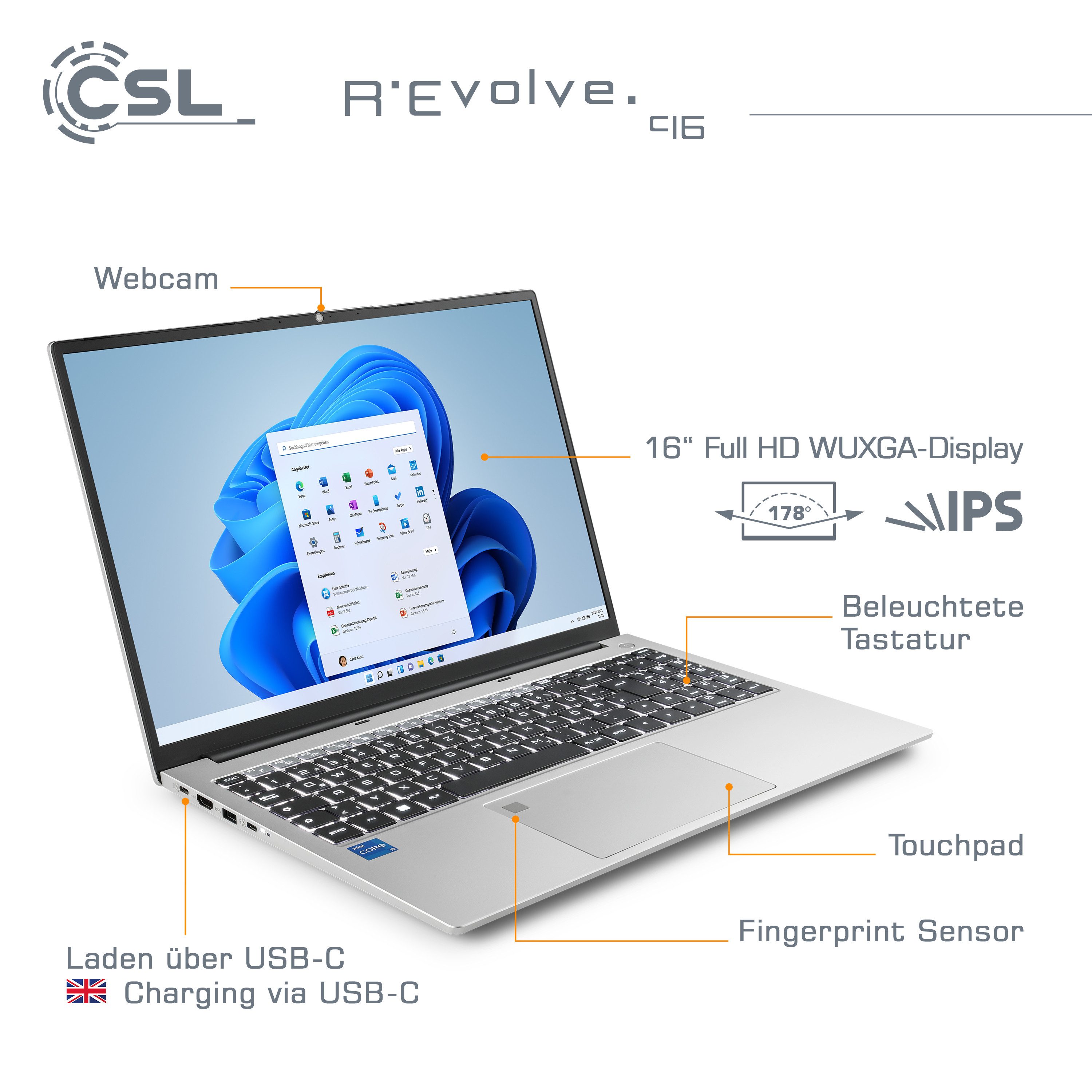 CSL R'Evolve C16 Notebook (40,64 cm/16 Zoll, Intel Core i5 1235U, Iris Xe Graphics, 16 GB, 500 GB SSD)