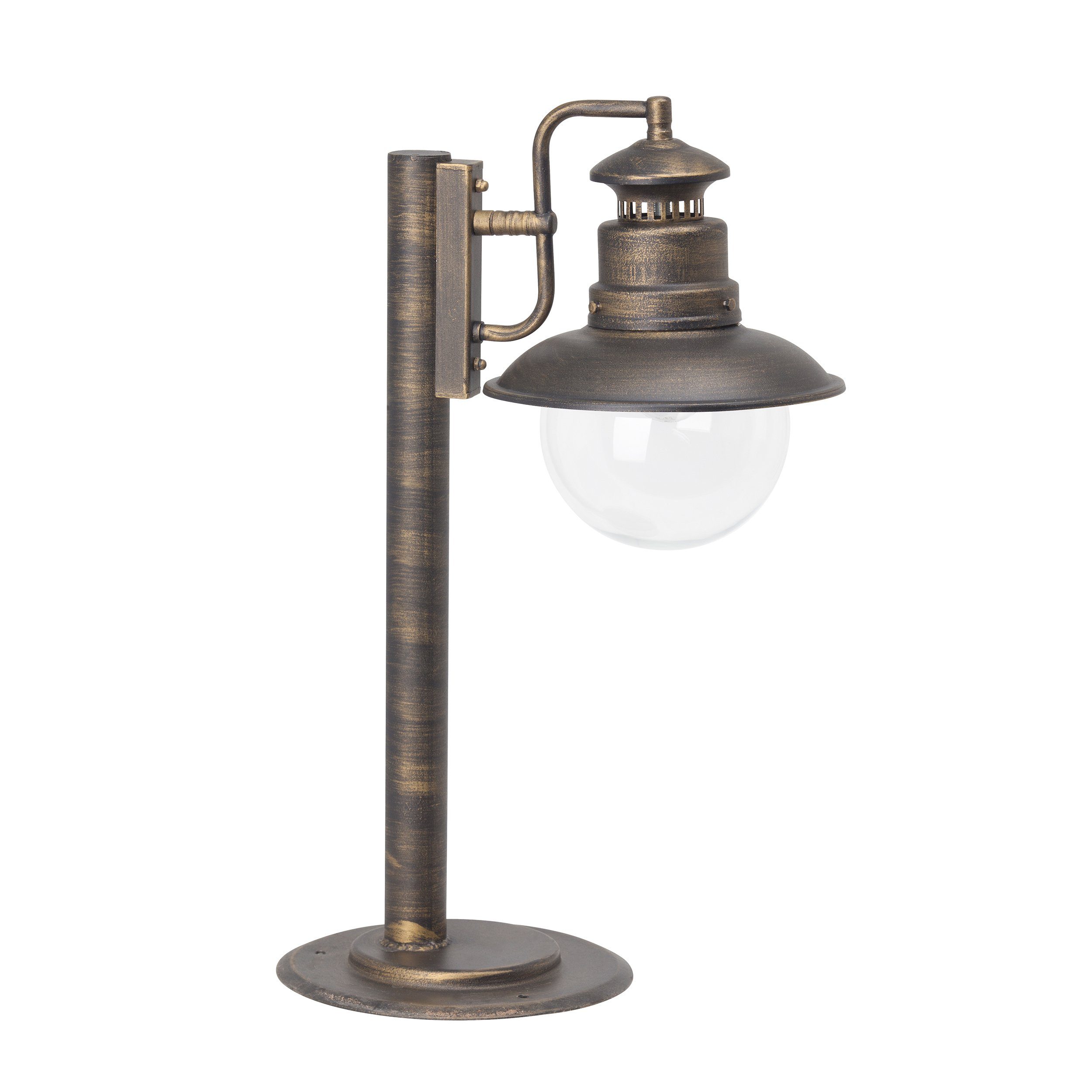 Außen-Stehlampe, schwarz/goldfarben rustikale Sockelleuchte, Lightbox cm, 53x39 E27, Glasschirm, Leuchtmittel, ohne