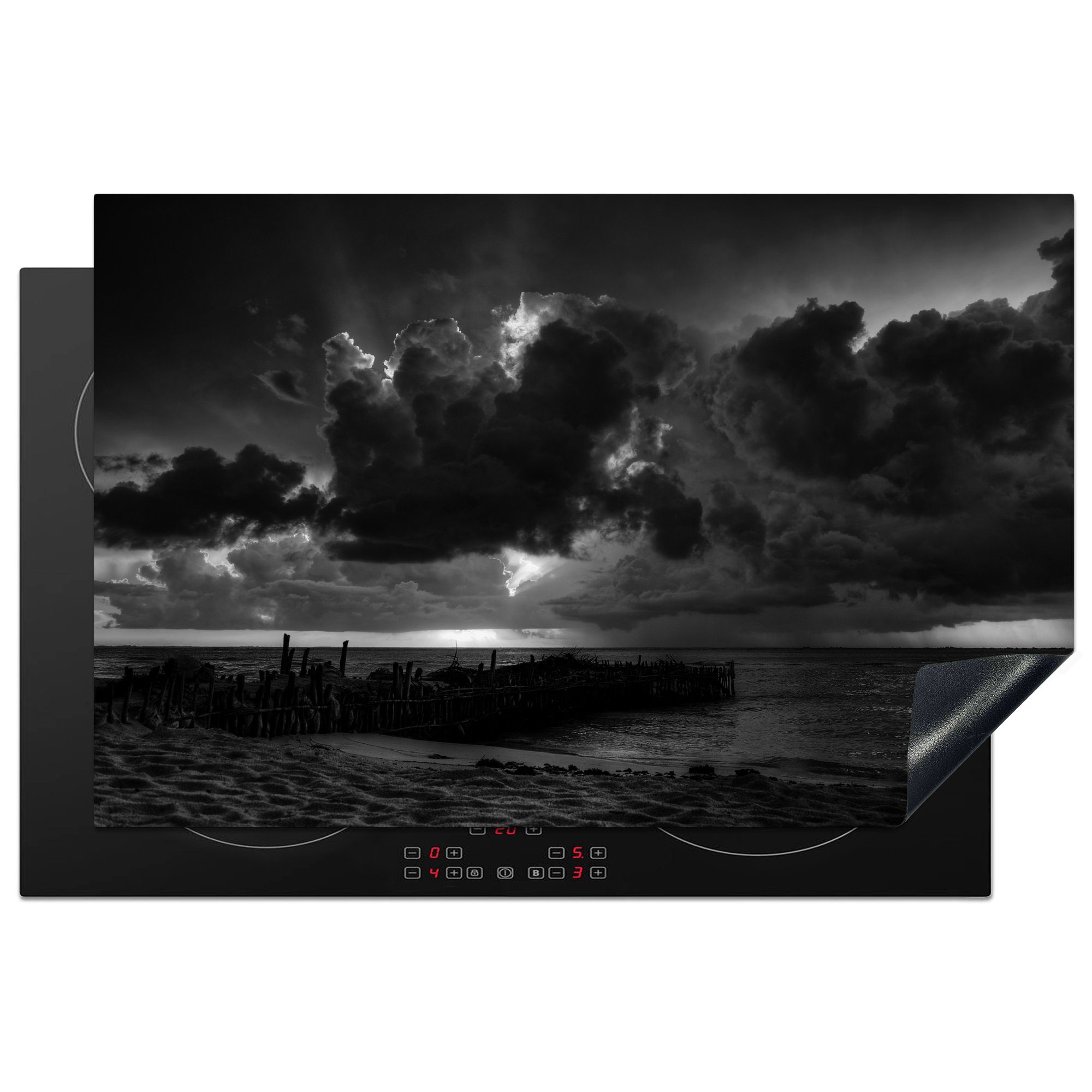MuchoWow Herdblende-/Abdeckplatte Sonnenuntergang mit Wolken, Isla Mujeres - Schwarz und weiß, Vinyl, (1 tlg), 81x52 cm, Induktionskochfeld Schutz für die küche, Ceranfeldabdeckung