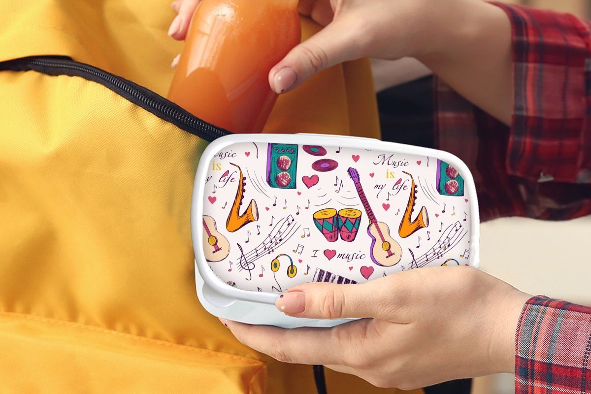 MuchoWow Lunchbox Musik - Mädchen Brotdose, für Kinder weiß Jungs Zitate, Instrumente Brotbox Erwachsene, für (2-tlg), und Kunststoff, und 