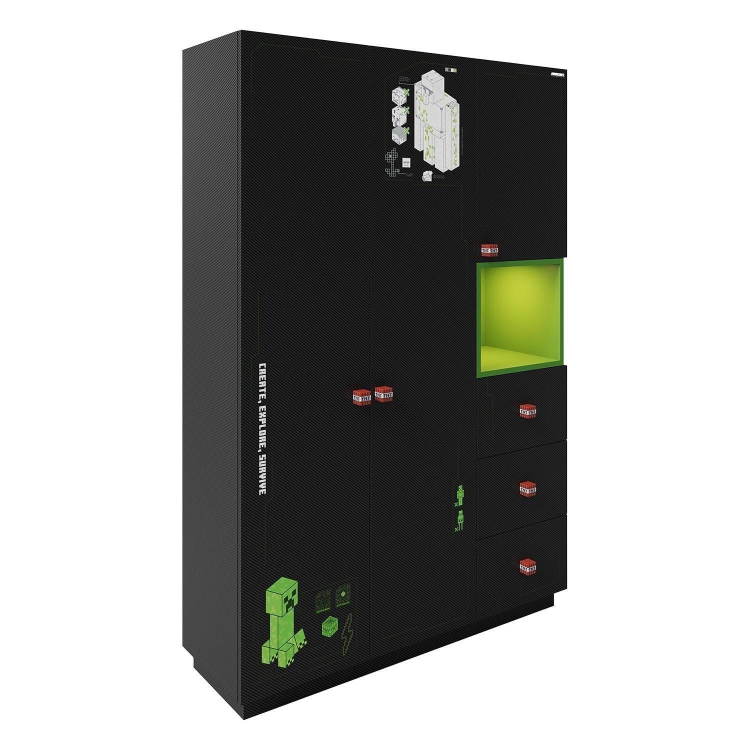 Kleiderschrank MINECRAFT, Schwarz, Karbonoptik, 3 Türen, 3 Schubladen, B 13 günstig online kaufen