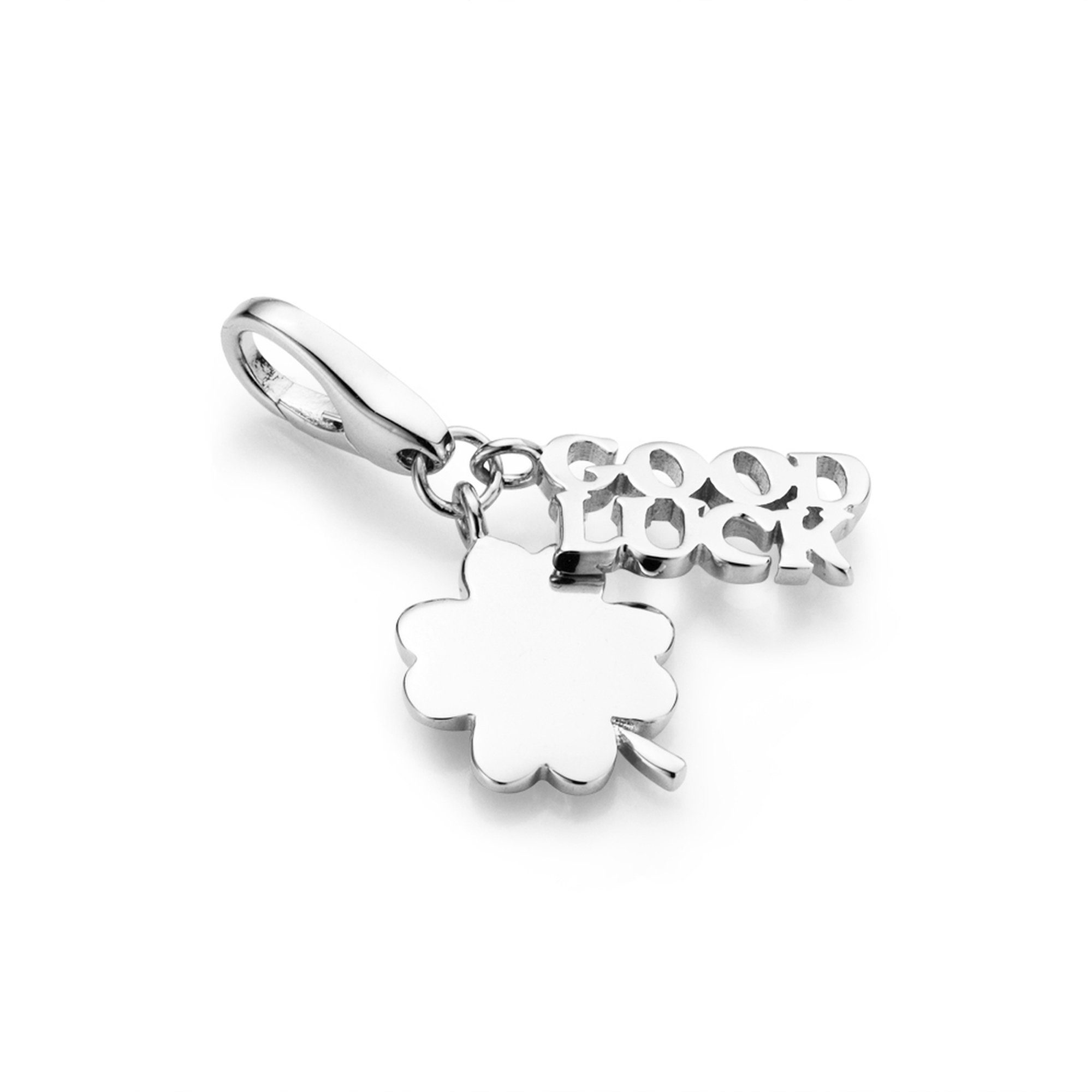 Charm-Einhänger Kleeblatt und Schriftzug Good Luck, Silber 925