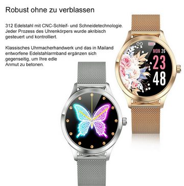 TPFNet SW37 mit Milanaise Armband - individuelles Display Smartwatch (Android), Armbanduhr mit Musiksteuerung, Herzfrequenz, Schrittzähler, Kalorien, Sportmodus etc. - Fitness-Tracker - Gold