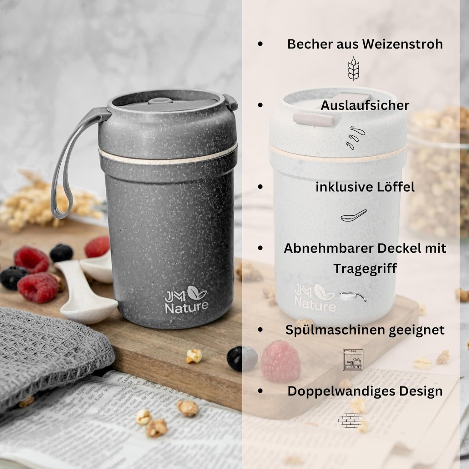 JM Nature Müslibox Müslibecher To Go 2x Nachhaltiger Joghurtbecher Deckel & Löffel 330 ml