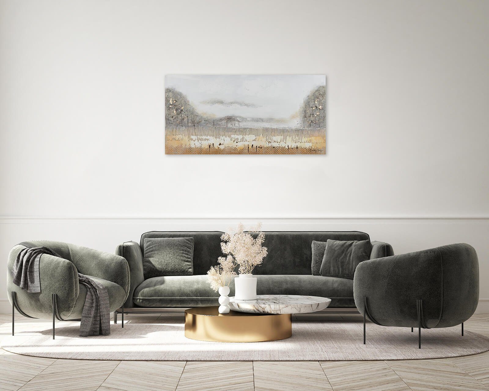 Leinwandbild 100% KUNSTLOFT 120x60 cm, in Mountains Wohnzimmer Gemälde HANDGEMALT Fog Wandbild