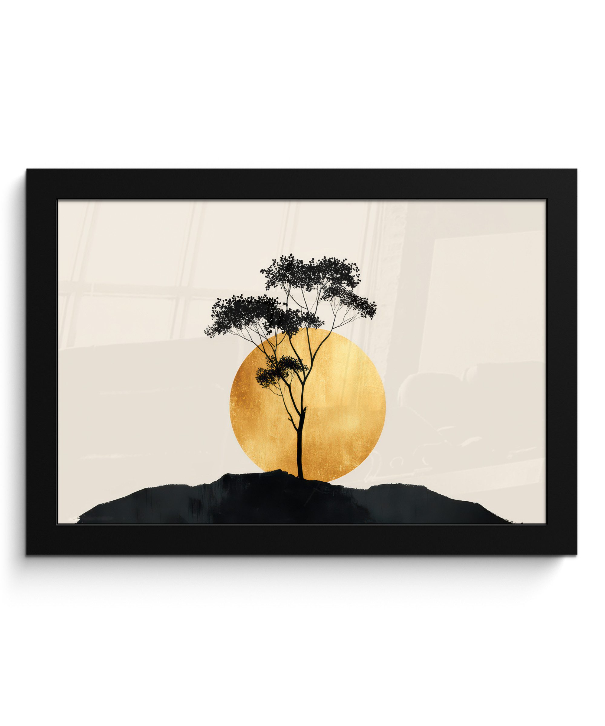 Poster Schwarzer Baum - Goldener Kreis - Hügel