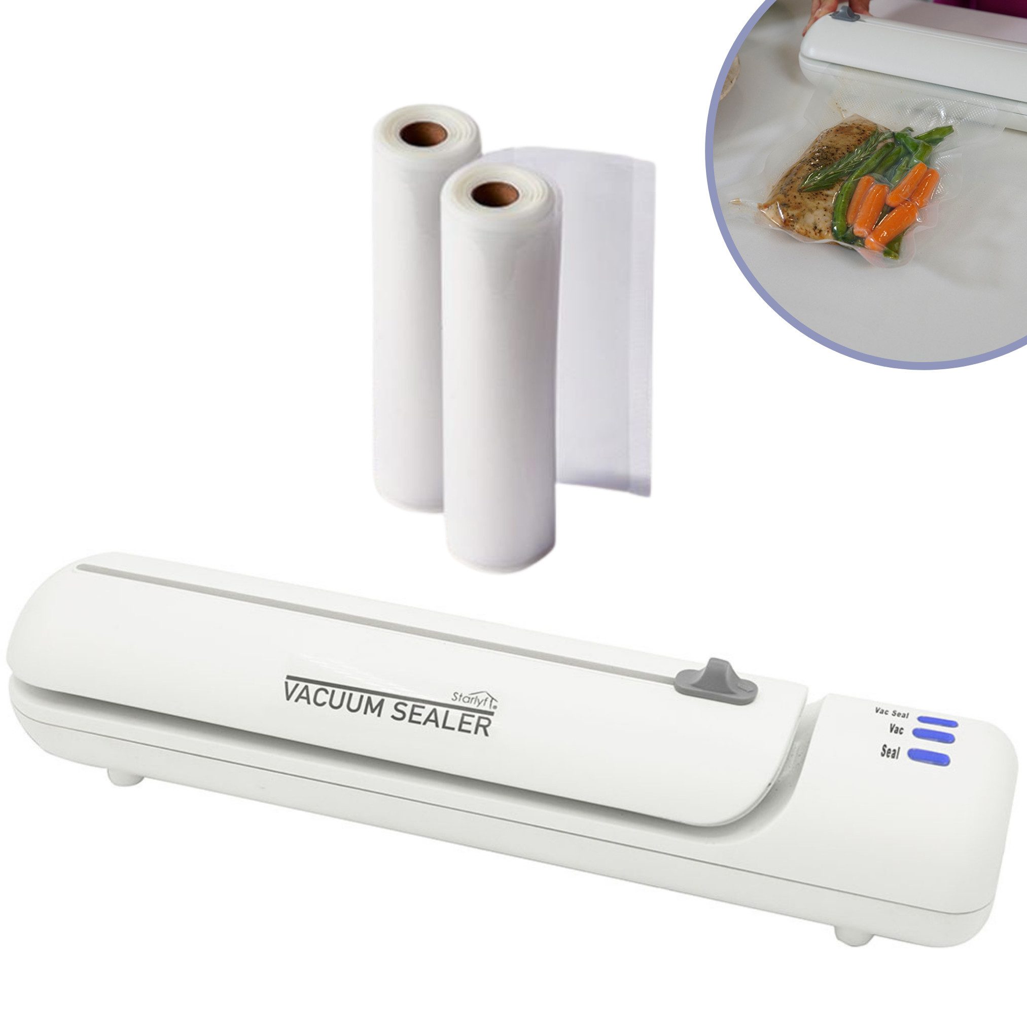 Starlyf Vakuumierer Vacuum Sealer, Rollenbreite 20 cm, 140,00W, Vakuumiergerät inkl. 20 Beutel & Rezepte (einzeln oder im Spar Set)