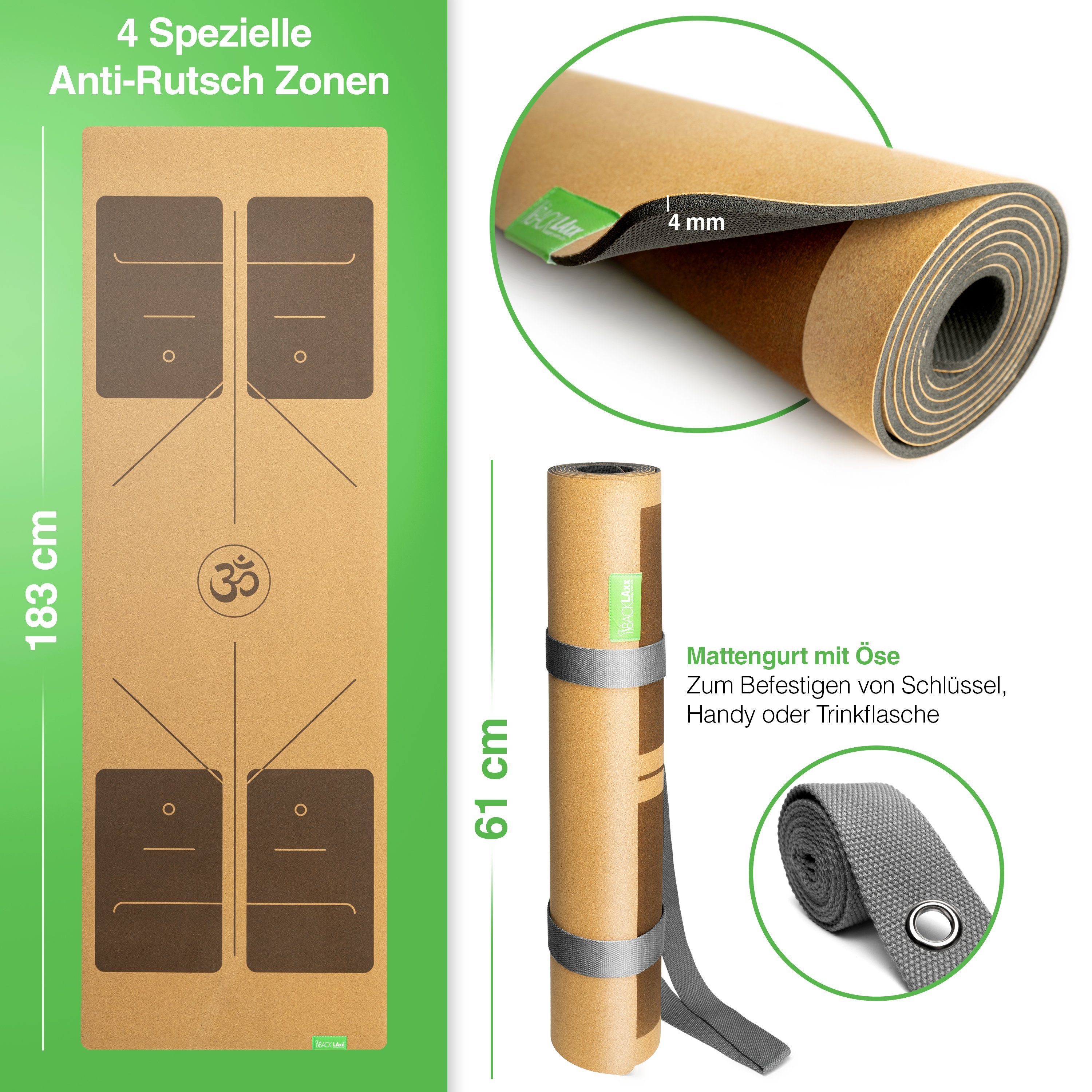 BACKLAxx® Yogamatte Kork mit Naturkautschuk (Kork, 2teilig mit GRATIS Videokurs), 4 mm stark, aus natürlichen Rohstoffen, mit Antirutschzonen