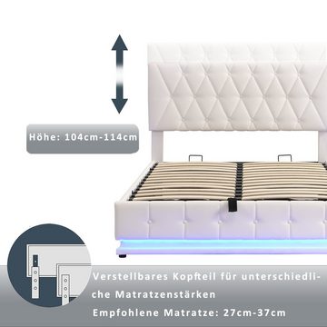 OKWISH Polsterbett Hydraulisch anhebbarer Bettstauraum,Bettkasten (Lattenrost Bezug aus Kunstleder 140X200 cm Ohne-Matratze), Aufbewahrungsbett, Modernes Bett mit LED