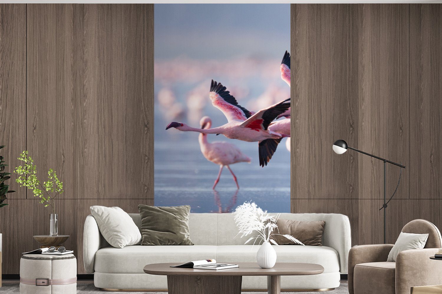 MuchoWow Fototapete Flamingo - Vogel - (2 bedruckt, Fototapete Wohnzimmer Küche, Wasser für - Vliestapete Schlafzimmer Rosa, St), Matt