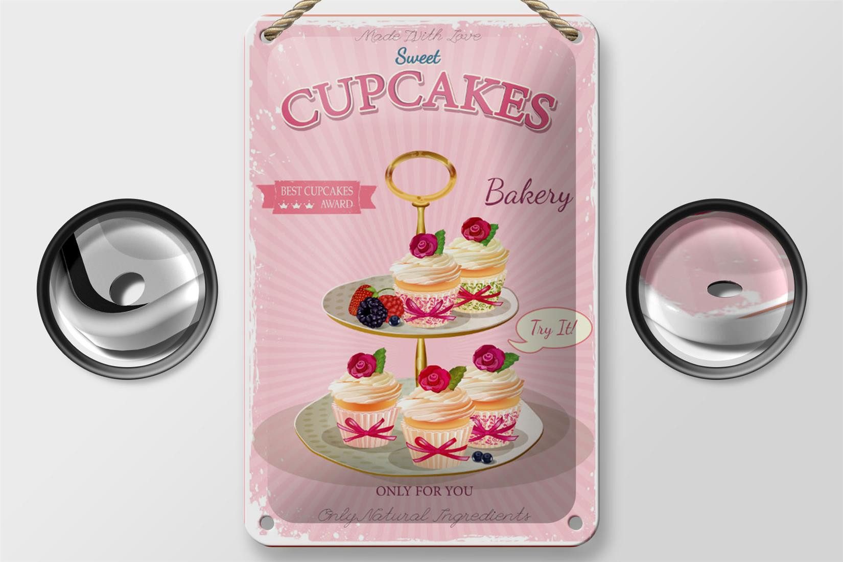 Femer GmbH Metallschild Essen 12x18cm sweet Cupcakes best award, (1 St), gewölbte Oberfläche, abgerundete Ecken, umgeschlagene Kanten