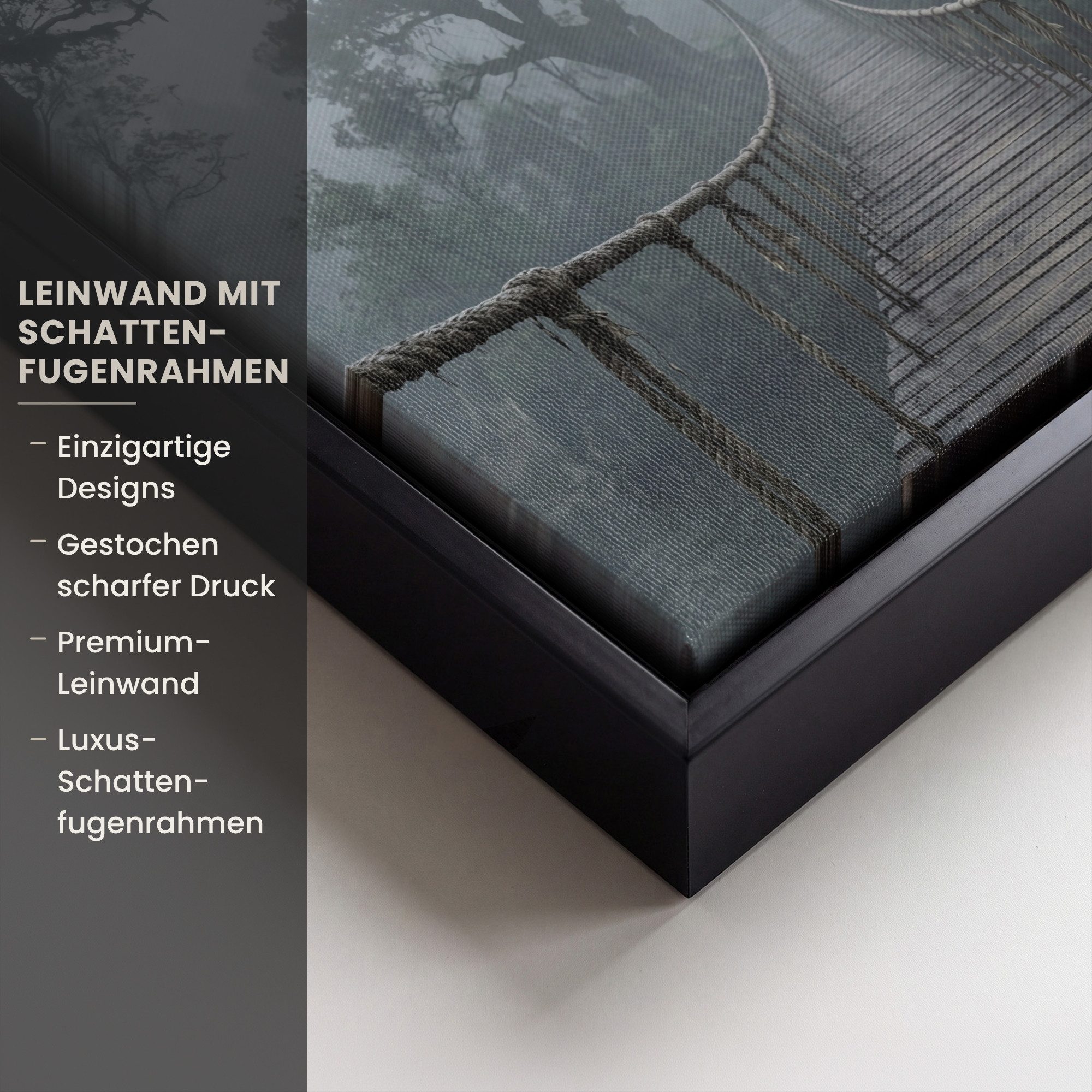 OneMillionCanvasses® Leinwandbild mit Rahmen - Brücke - Dschungel - Nebel - Natur, Fotodruck (1 St), Leinwand Bilder Klein, Wand Dekoration Aesthetic 20x20cm – Bild 3 von 5