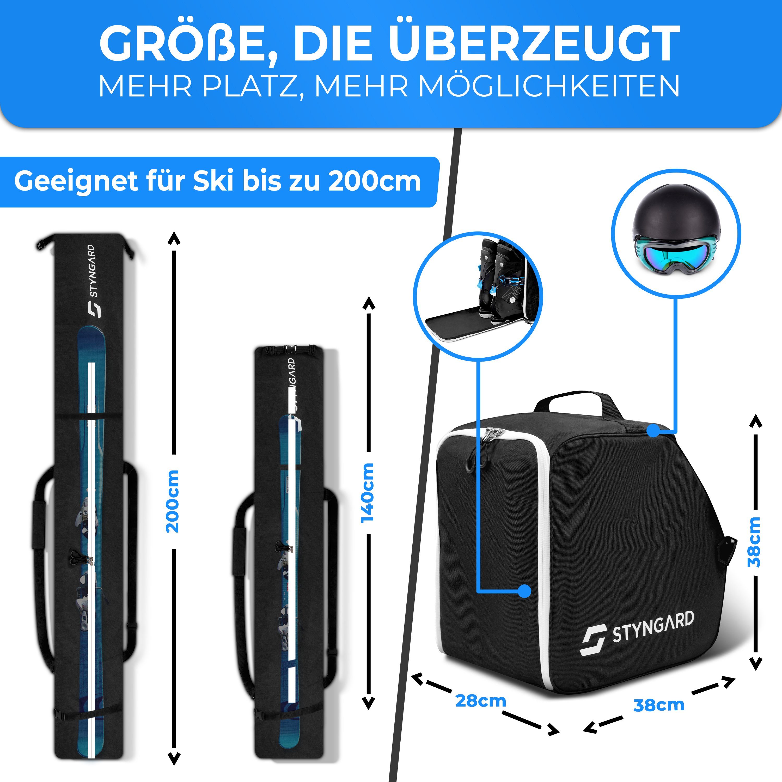 Styngard mit Skischuhtasche Skisack Helmfach (Set L) und cm 200 Skitasche bis [140 [40 Vancouver Schwarz-Weiß cm]