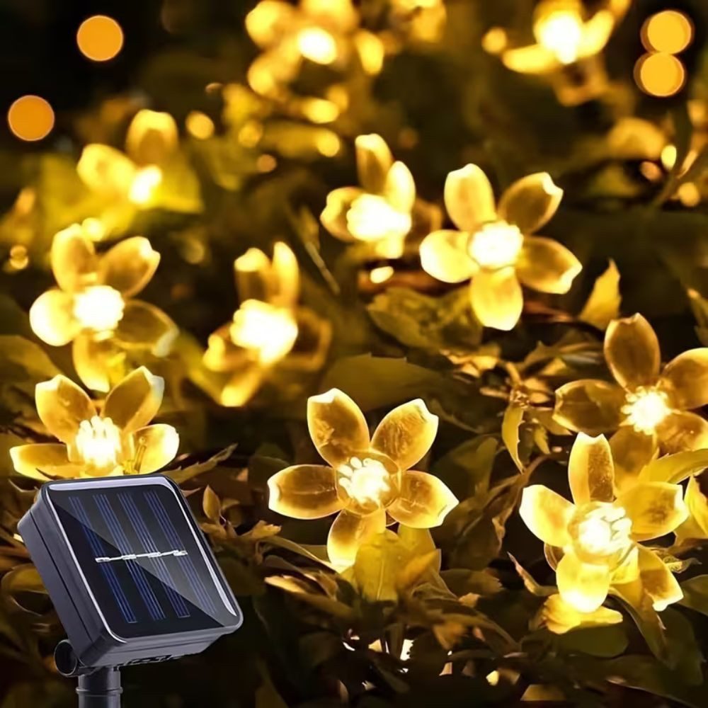 Montegoni LED-Streifen 5m 20 LED Solar Lichterkette Kirschblüten Beleuchtung LED 8 Modi, Warmes, gelbes Licht, Dimmbar, Solarbetrieben, Energiesparend