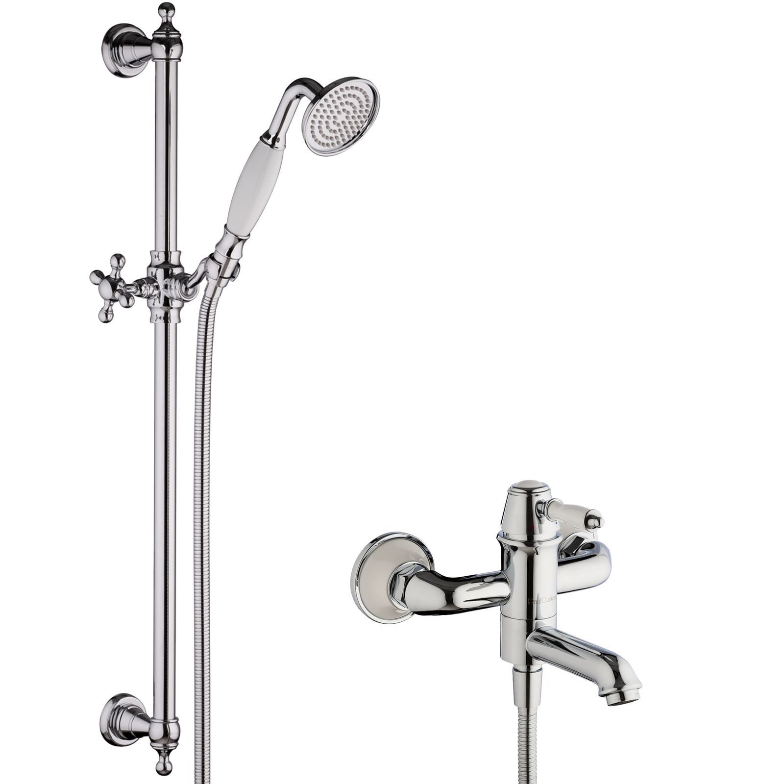 PaulGurkes Wannenarmatur MOON (Set, 4-St., Armatur mit Handbrause, Duschstange und Brauseschlauch) Hochdruck, Messing verchromt, Keramikkartusche, Duschstange