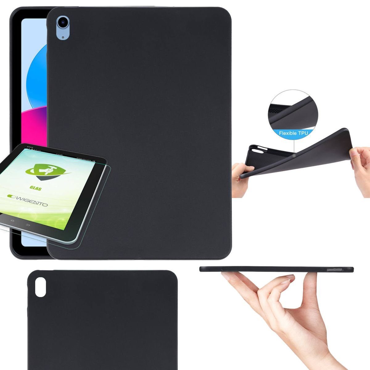 Wigento Tablet-Hülle Für Apple iPad 11. Gen A16 2025 / 10.9 2022 Hülle + Hart Glas Schwarz