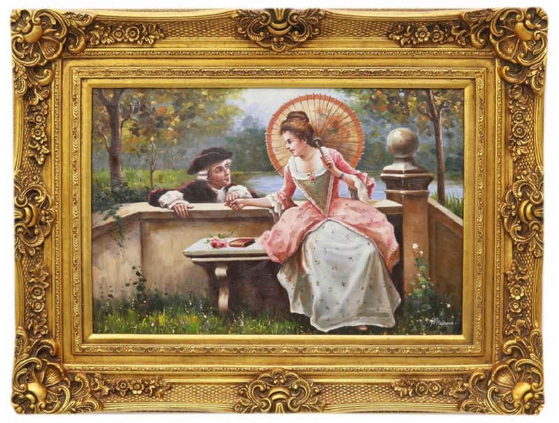 Casa Padrino Ölgemälde Barock Ölgemälde Liebespaar Mehrfarbig / Gold 100 x 10 x H. 130 cm - Handgemaltes Gemälde mit Prunk Rahmen - Wand Deko im Barockstil