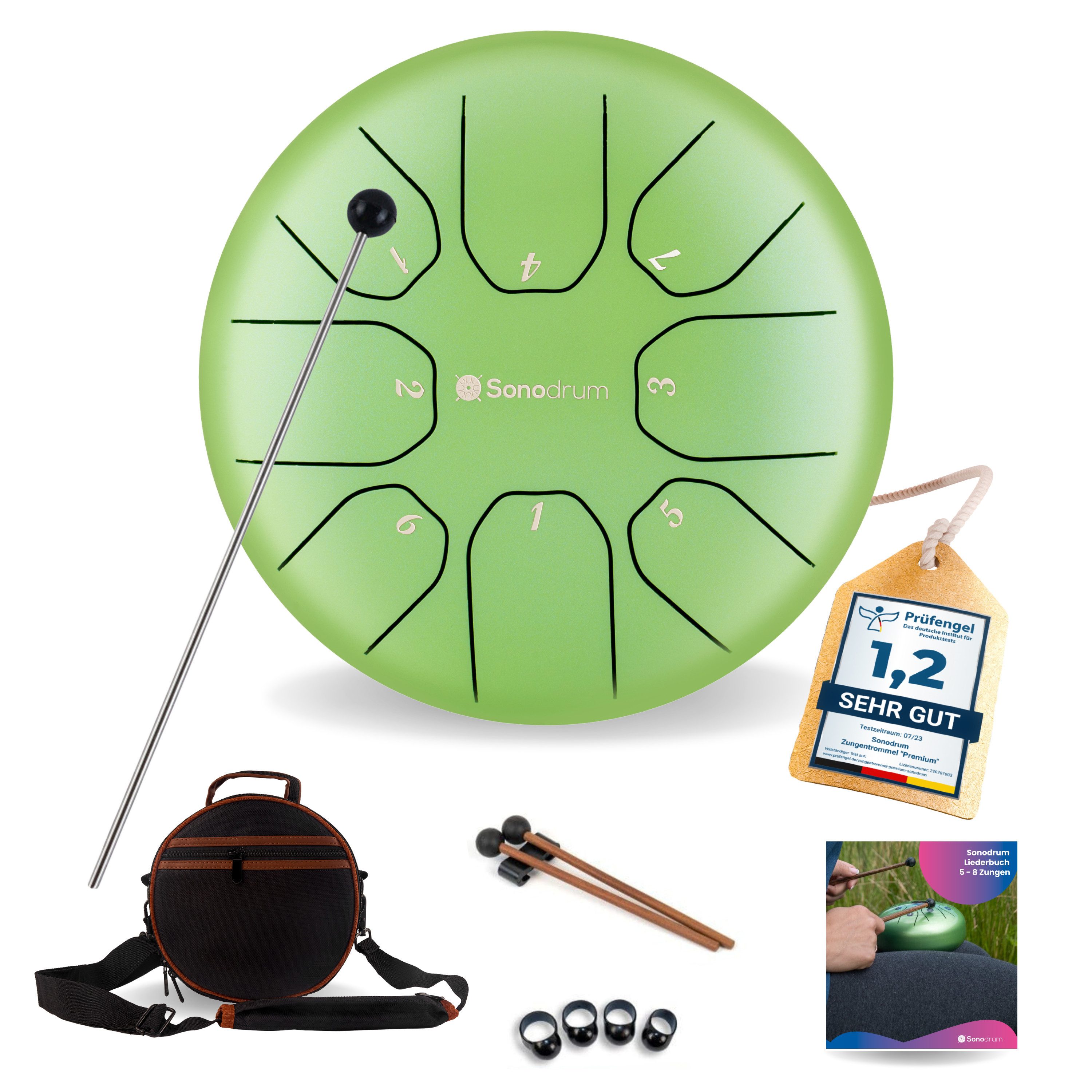 Sonodrum Steel Tongue Drum "Standard", C-Dur, 20 cm, 8 Zungen inkl. Liederbuch und Tragetasche