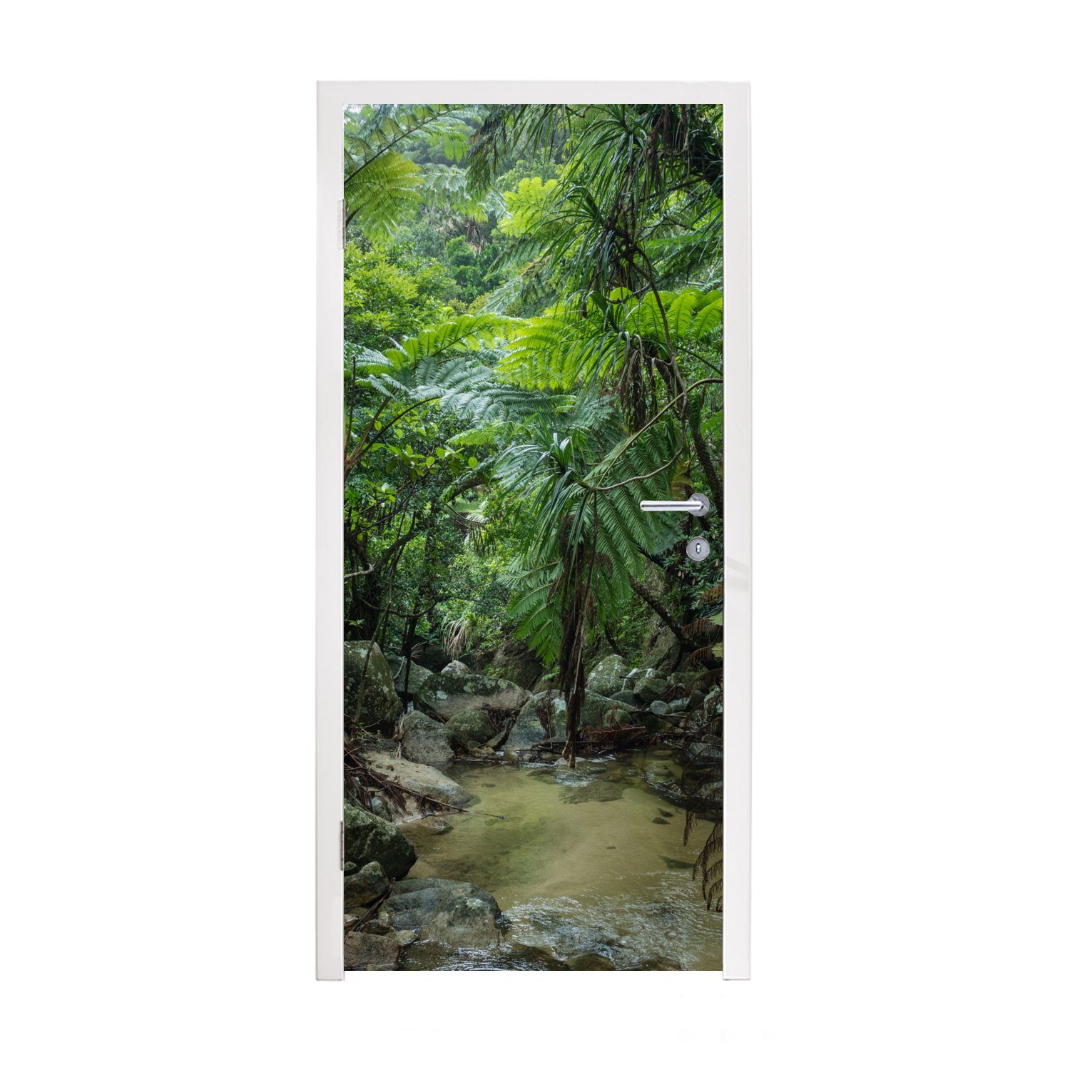 MuchoWow Türtapete Fluss im tropischen Dschungel, Matt, bedruckt, (1 St), Selbstklebende Tapete, Folie für Möbel, 75x205 cm