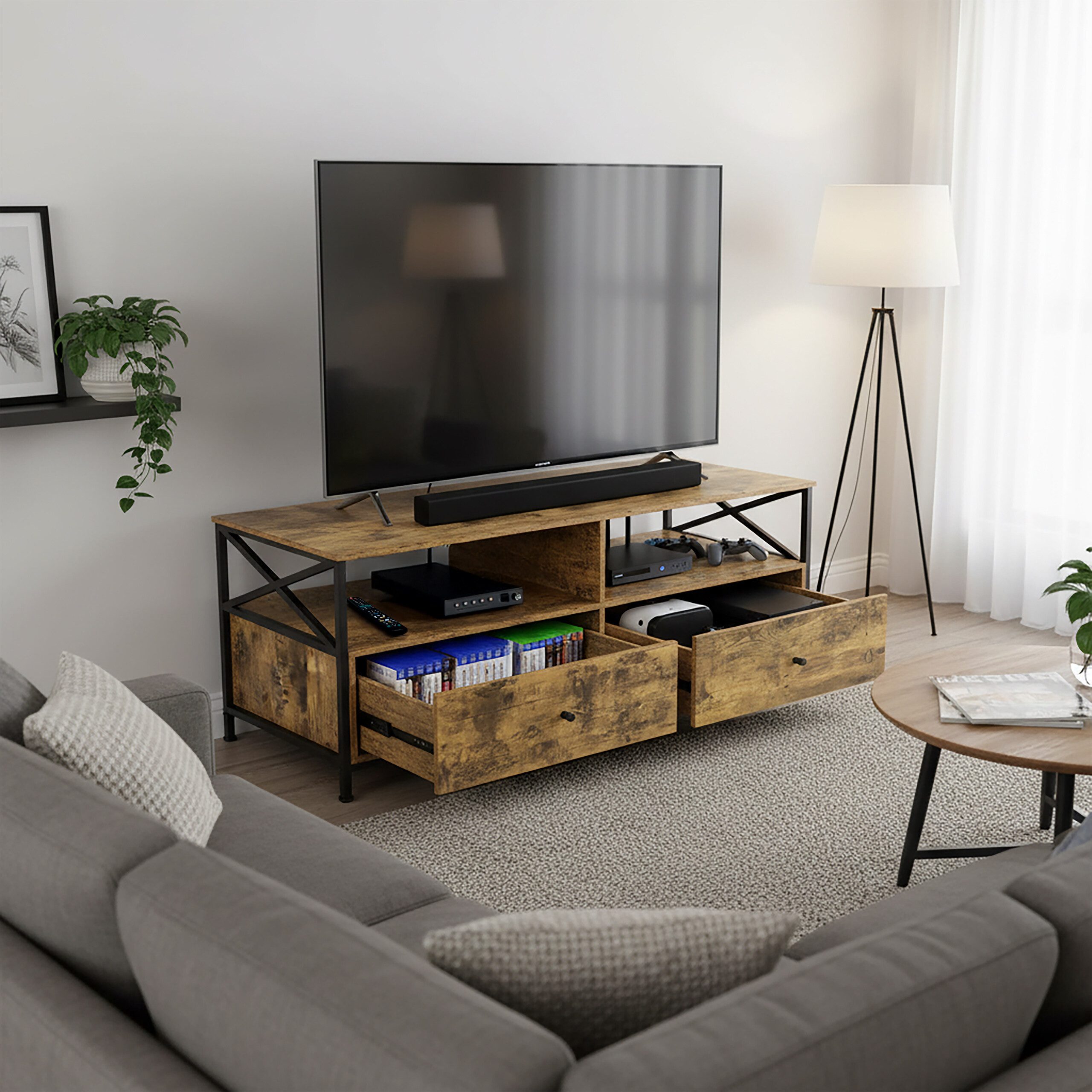 relaxdays TV-Bank TV Lowboard mit Schubladen, Vintagebraun