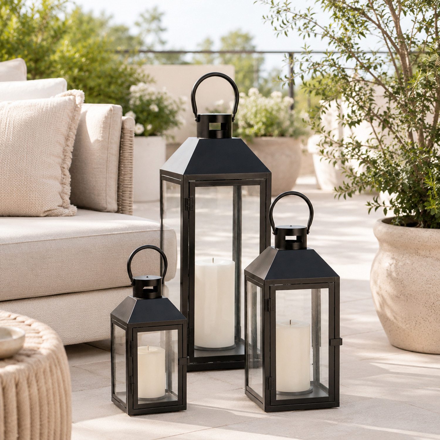 Mojawo Laterne 3er Gartenlaternen Laternen Metall Windlicht Schwarz H23/39/49cm