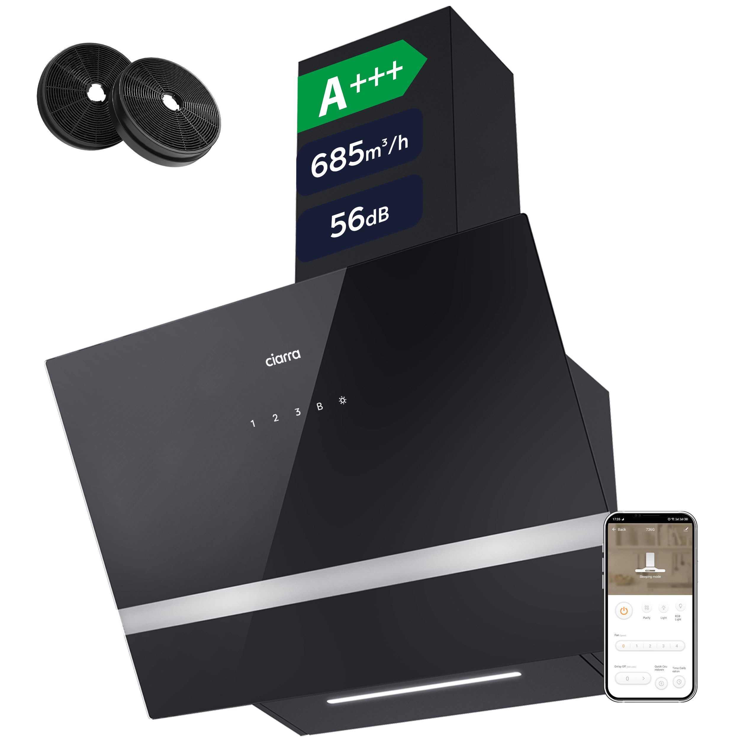 CIARRA Kopffreihaube 60 cm Dunstabzugshaube A+++ 685 m³/h starke Saugleistung VM6736HB Serie 4 Stufen Inkl. BOOST 60 cm Dunstabzugshaube A+++ 685 m³/h starke Saugleistung VM6736HB, Leise Schräghaube WIFI-APP Touch Control Umluft & Abluft mit LED