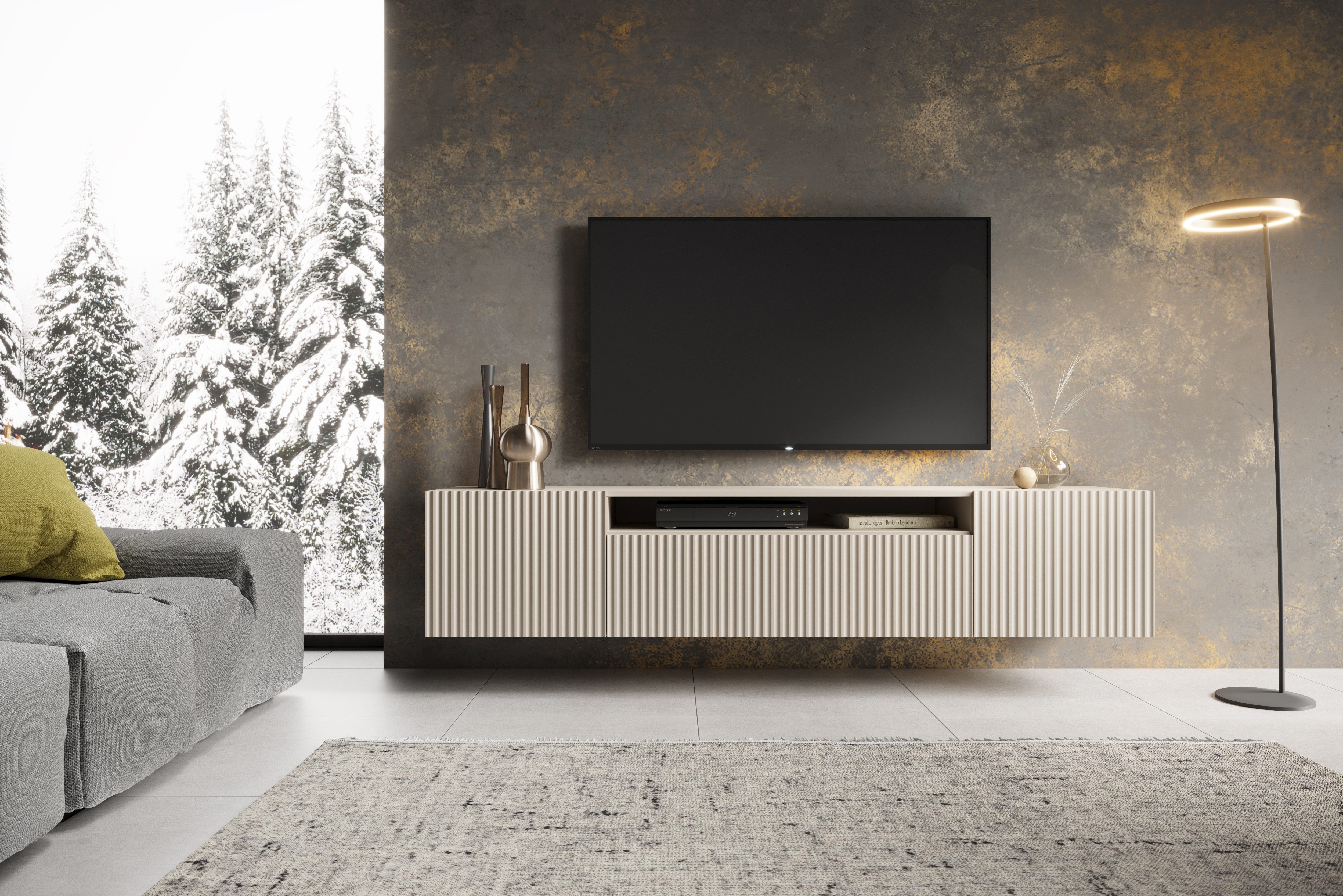 MOEBLO TV-Board VIRENO (TV-Schrank – modern, stehend oder hängend, mit geräumigen Fächern & stilvollen Fronten, 200 cm, verschiedene Farben), (BxHxT): 200 x 53 x 41 cm