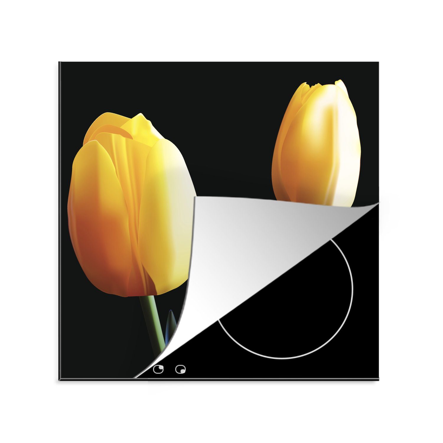 MuchoWow Herdblende-/Abdeckplatte Eine Vektor-Illustration von zwei gelben Tulpen, Vinyl, (1 tlg), 78x78 cm, Ceranfeldabdeckung, Arbeitsplatte für küche