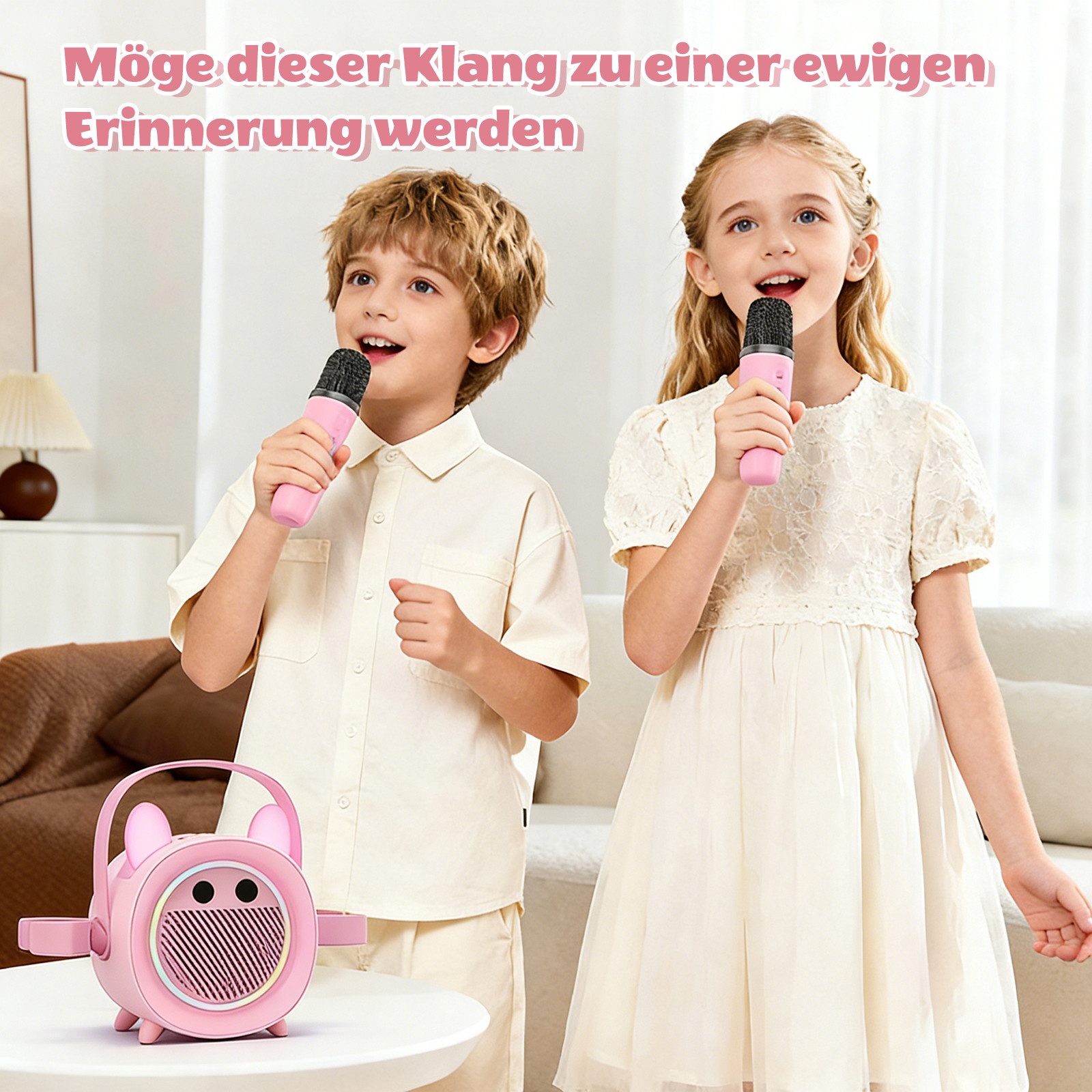BBG Karaoke Box für Kinder mit 2 kabellosen Mikrofonen Karaoke-Maschine (5 W, Tragbar mit Bluetooth, Licht & Stimmeneffekten, Aufnahme)
