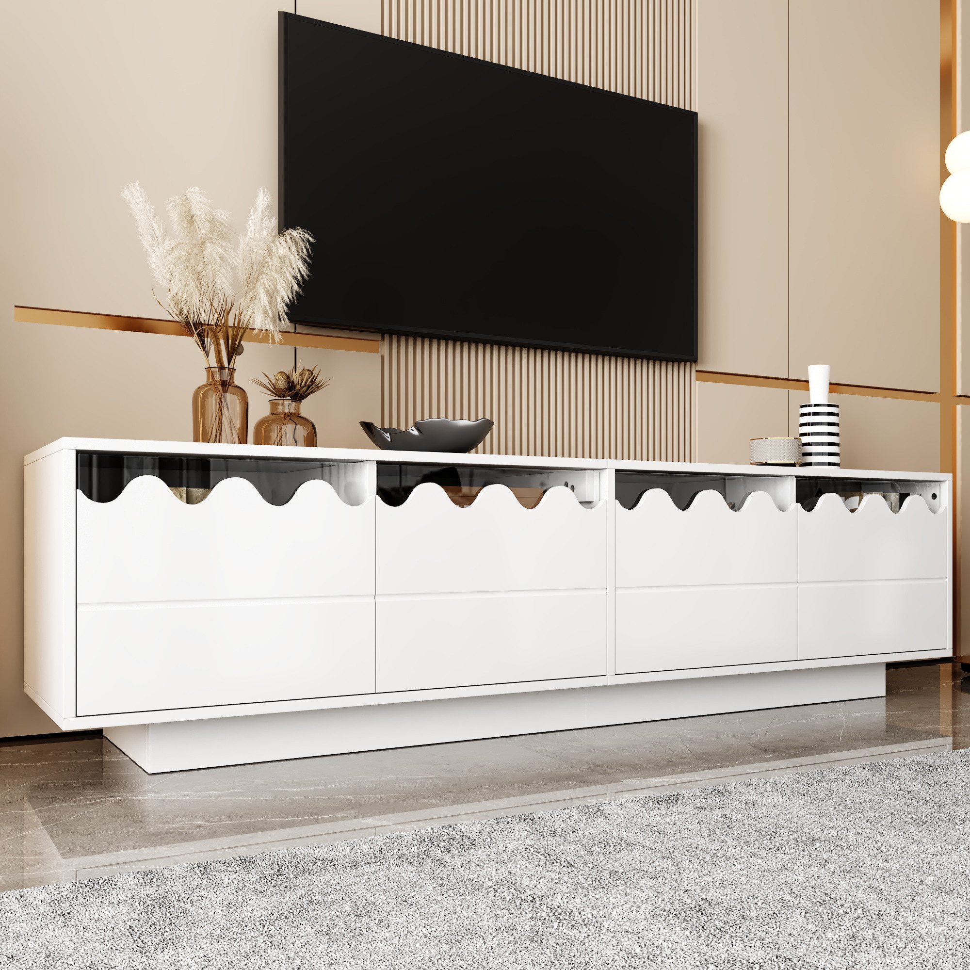 Merax Lowboard im Wellen-Design (1 St), TV-Schrank mit 4 Türen, Glasregalen und Stauraum, 170x45x40cm