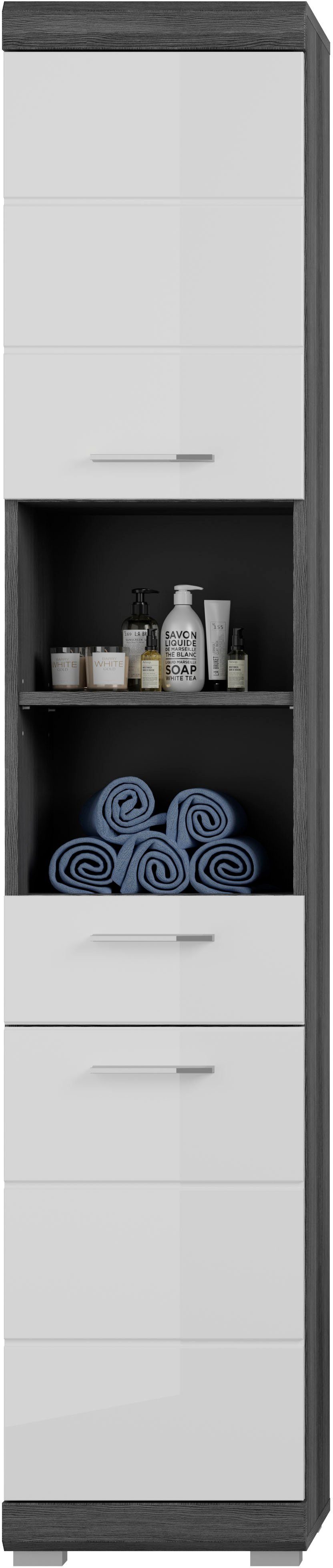 welltime Hochschrank SIENA, Breite 37cm, 2 Tür, 1 Schubkasten, 2 offene Fächer, MDF-Front (1-St., TOPSELLER) in verschiedenen Farben erhältlich, Badmöbel, Badschrank, Schrank, Bad