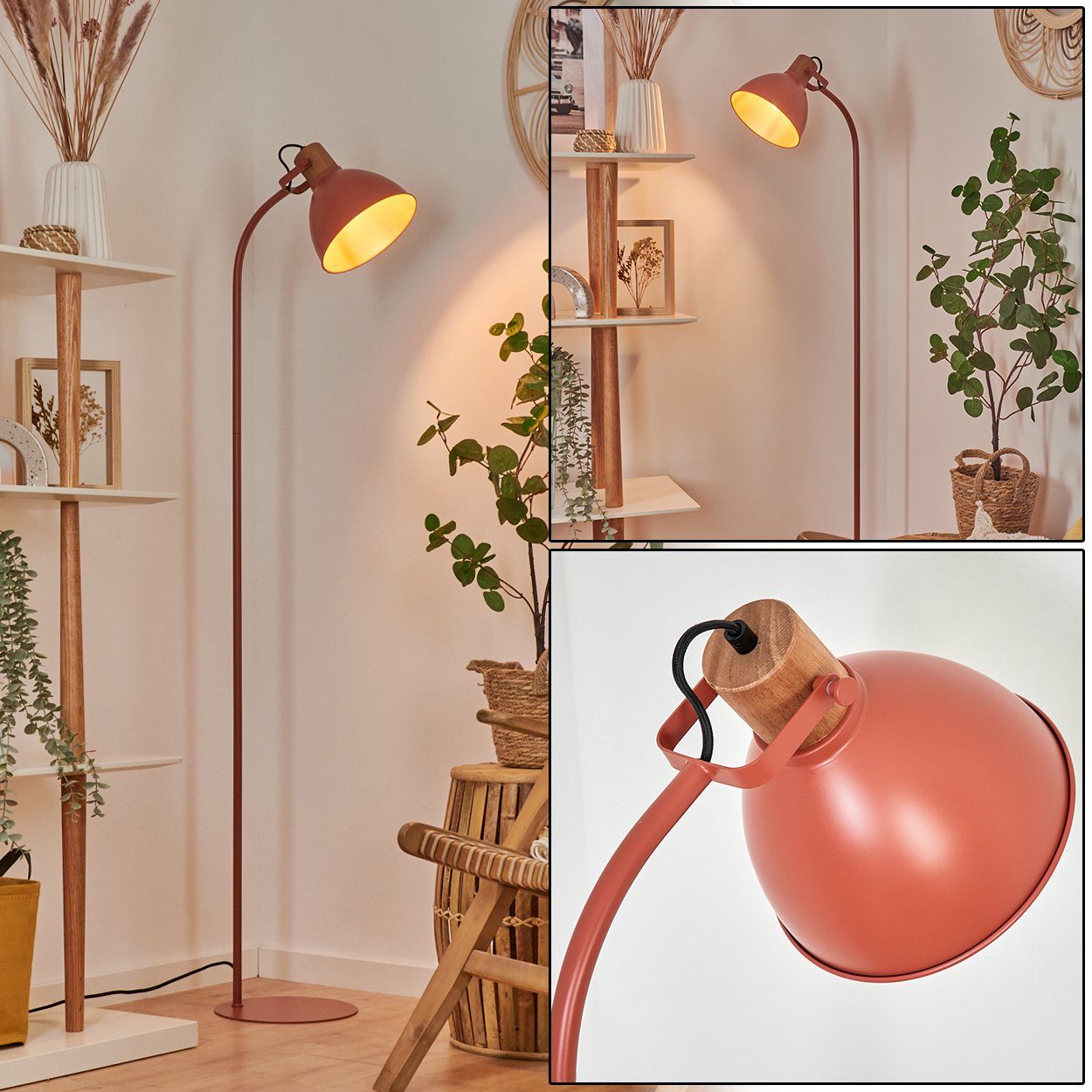 hofstein Stehlampe moderne Stehlampe aus Metall/Holz in Rostfarben/Natur, ohne  Leuchtmittel, verstellbar, Schirm (20cm), Fußschalter, Höhe max. 151cm, 1x  E27