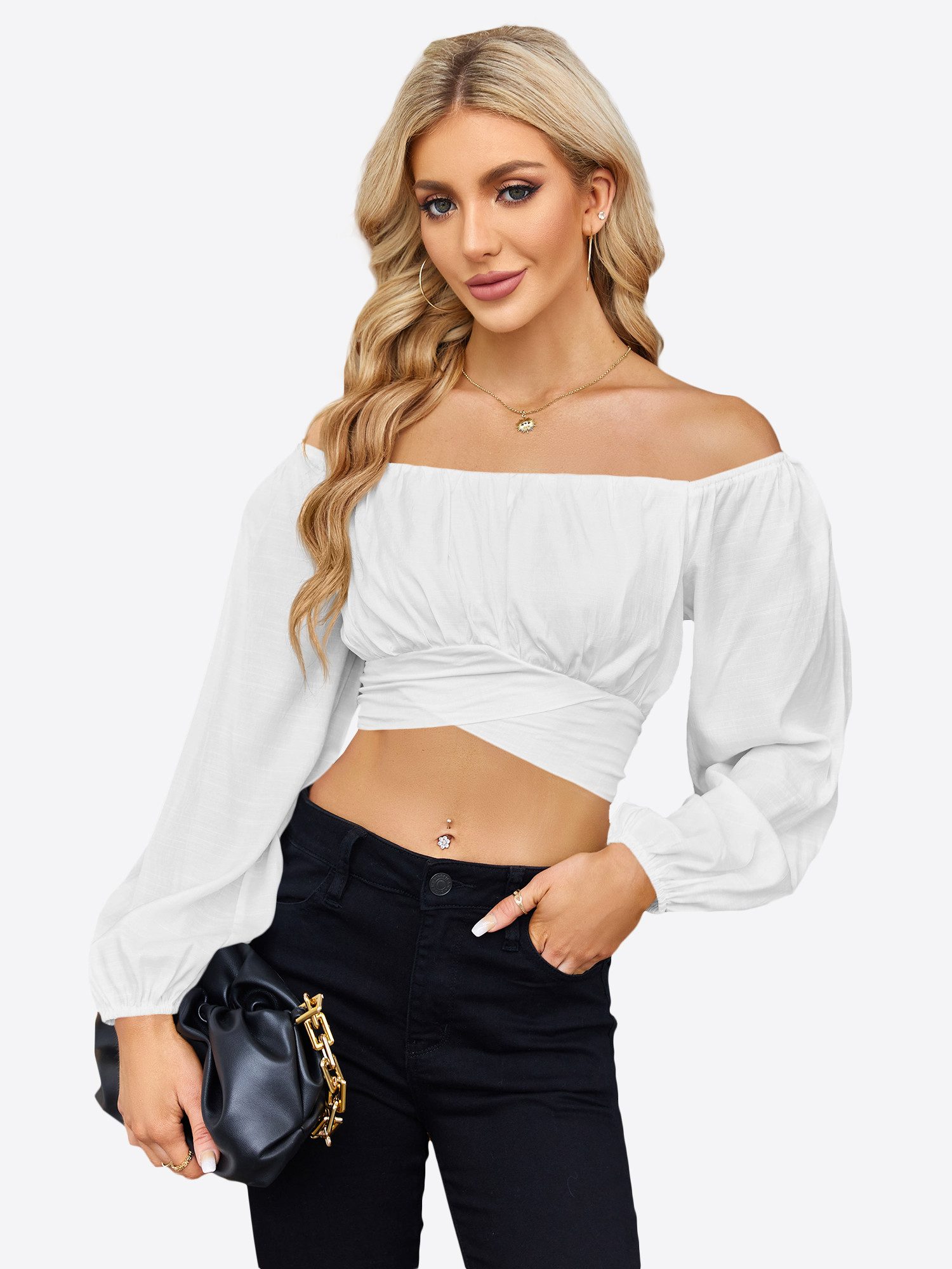 Imily Bela Blusentop Damen Hemd mit offenen Schultern und Laternenärmeln (Packung, 1-tlg., 1per-Pack) Schnürung