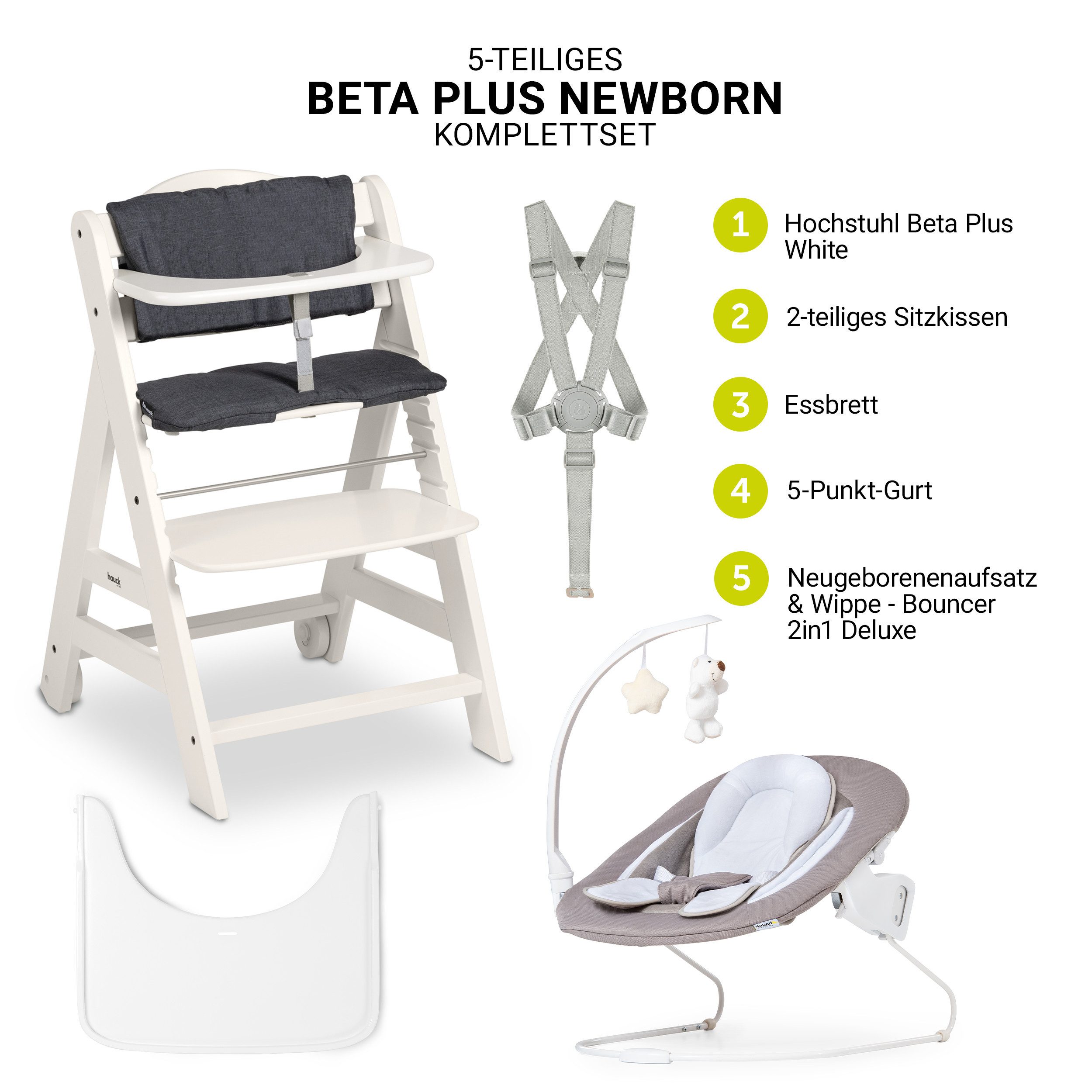 Hauck Hochstuhl Beta Plus Newborn Set Deluxe - White, Holz Babystuhl ab Geburt mit Neugeborenenaufsatz, Sitzkissen, Essbrett