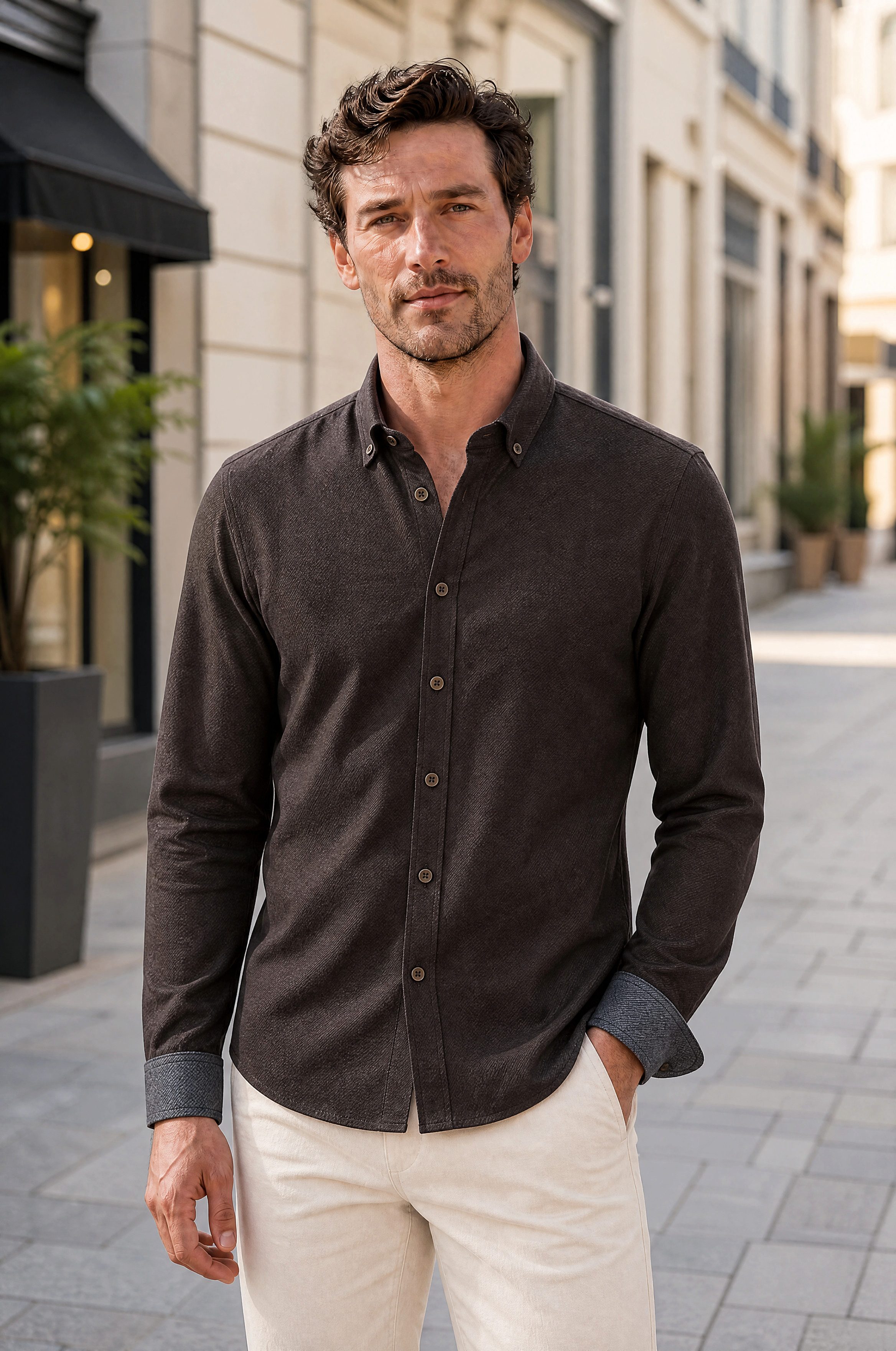 Haupt Langarmhemd Flanell Herrenhemd Regular Fit modern ideal Frühling Braun