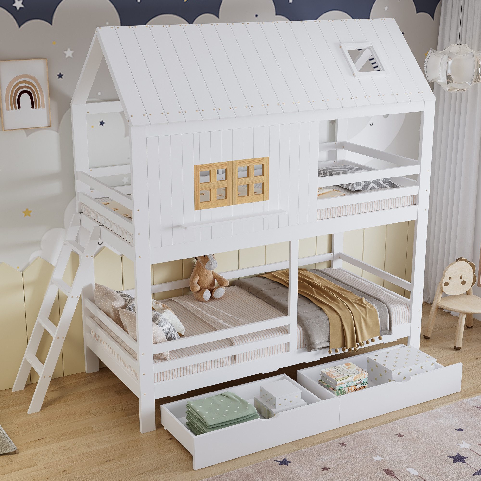 OKWISH Etagenbett Kinderbett Stauraumbett (mit schönen Fenstern und Dach, stabiler Lattenrost und Leiter, mit zwei großen Schubladen, 90x200 cm), ohne Matratze